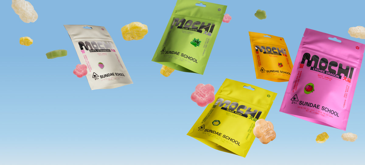Horizontal promotional banner displaying five colorful pouches of Sundae School Mochi Gummies arranged across a sky-blue background alongside floating flower-shaped gummies. Flavors shown include White Strawberry, Aloe Grape, Apple Mango, Sour Yuzu, and Lychee Dragon.