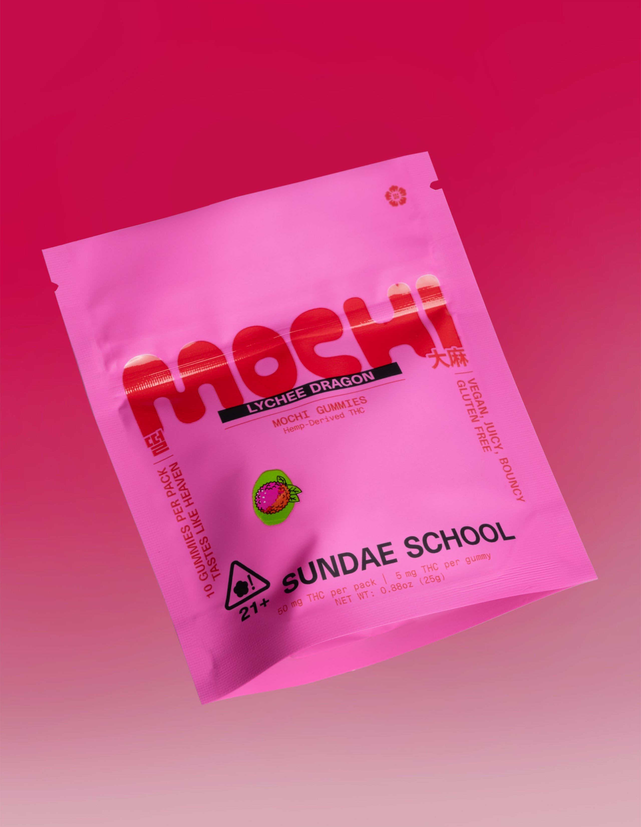 Sundae School Lychee Dragon mochi gummies package on pink gradient background, 5mg hemp-derived product in bright pink pouch