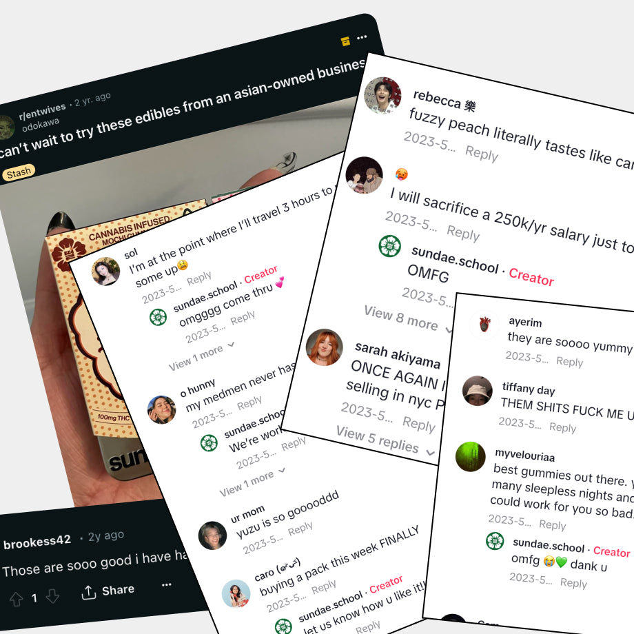 screenshots overlapped of comments about mochi gummies by customers