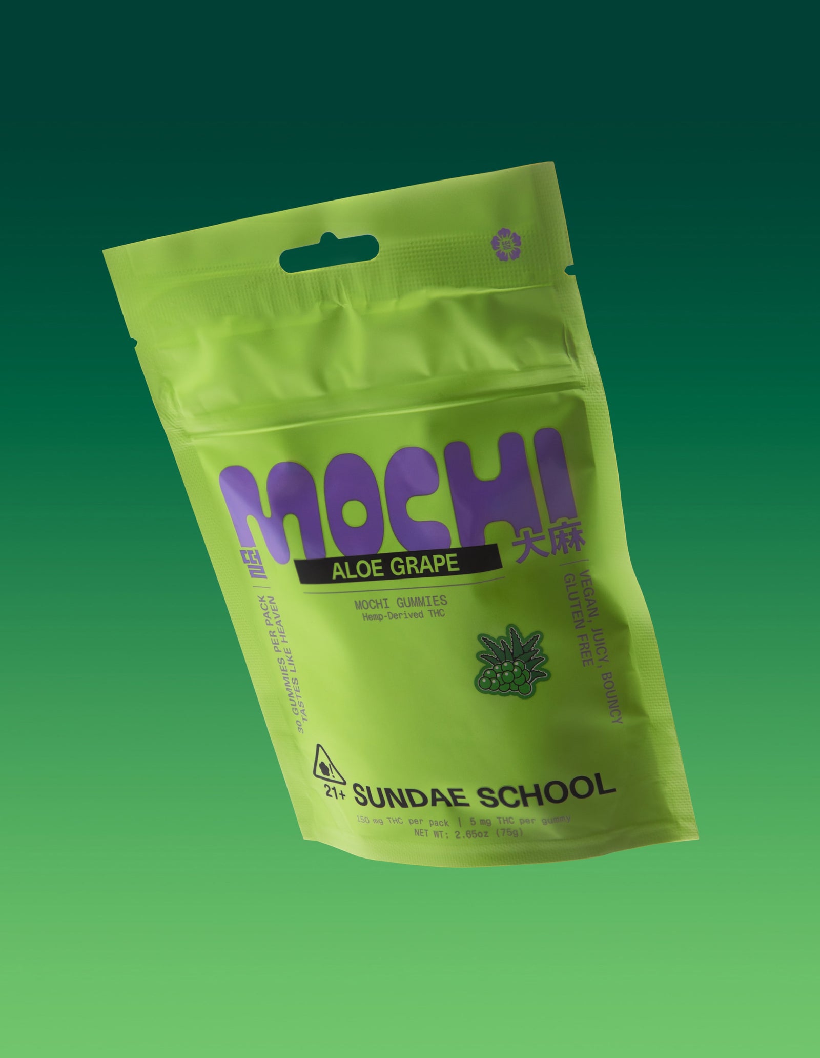 An image of the Aloe Grape Mochi gummy packaging in a resealable bag form. 