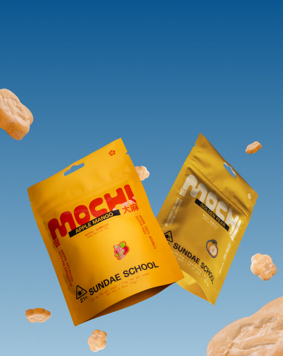 Sundae School Apple Mango mochi gummy and Golden Pear mochi gummy packaging floating in the sky along with apple mango and golden pear mochi gummies.