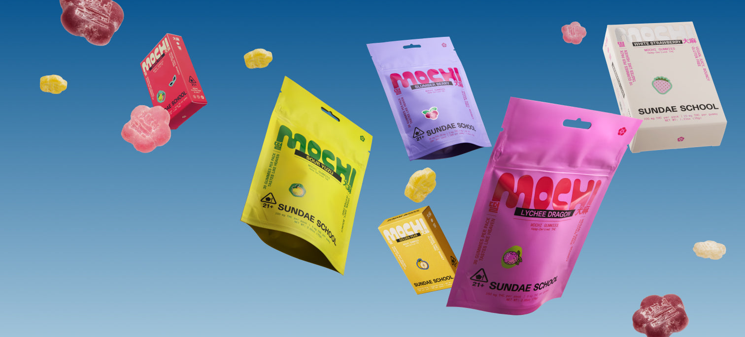 Sundae Flowers mochi tin and refill packs floating in the sky.