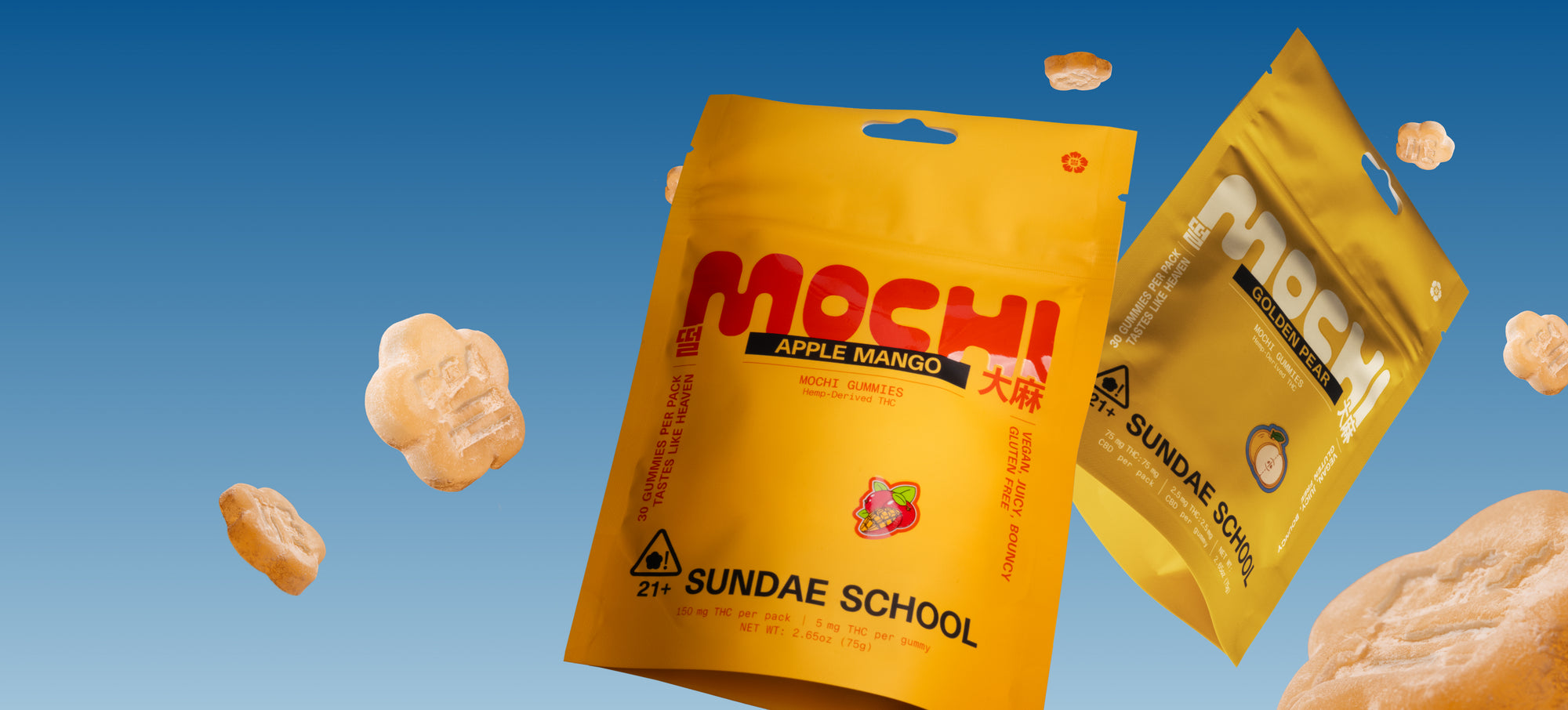 Sundae School Apple Mango mochi gummy and Golden Pear mochi gummy packaging floating in the sky along with apple mango and golden pear mochi gummies.