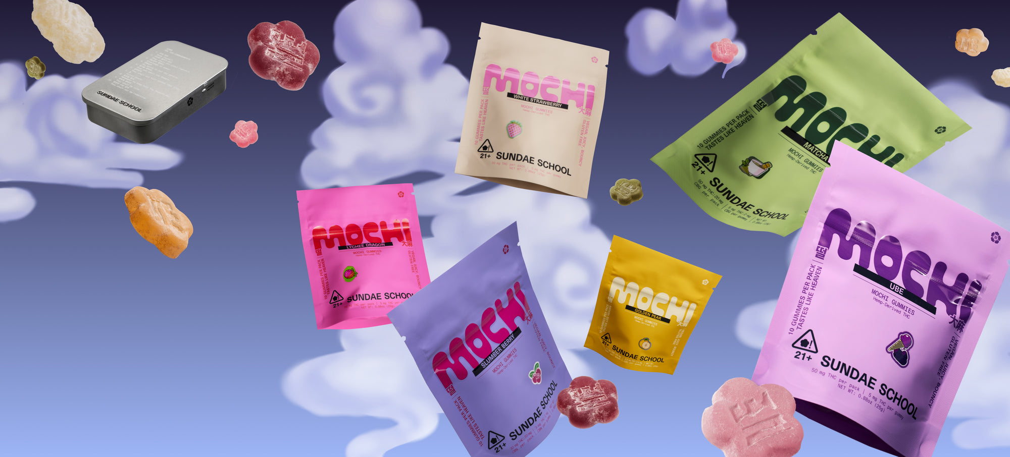Sundae School Hibernation Pack featuring 5mg 10-pack Lychee Dragon, 5mg 10-pack Matcha, 5mg 10-pack Slumber Berry, 5mg 10-pack White Strawberry, 5mg 10-pack Golden Pear, 5mg 10-pack Ube packaging and gummies floating in the night sky with a mochi tin.