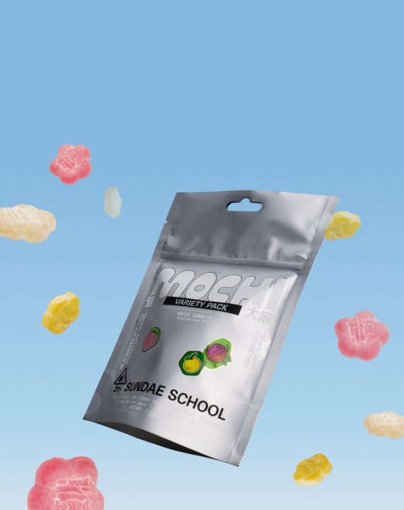 Silver package of Sundae Flower Variety Pack mochis with colorful gummy flowers on a blue background