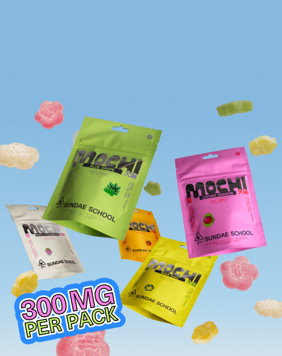 Colorful packages of 'Sundae School' 10mg Value Packs floating in the sky along with the colorful mochi gummies, and in the right bottom corner of the banner has a sticker that says "300 MG PER PACK."