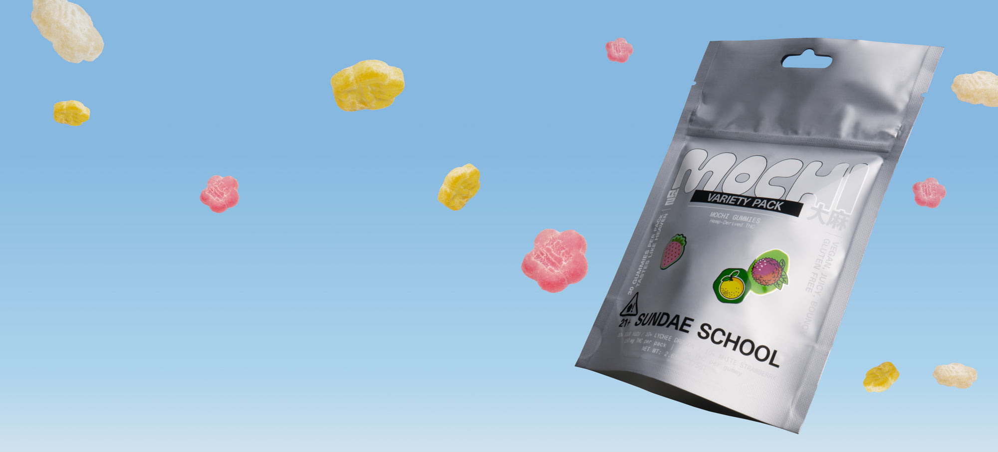 Silver package of Sundae Flower Variety Pack mochis with colorful gummy flowers on a blue background