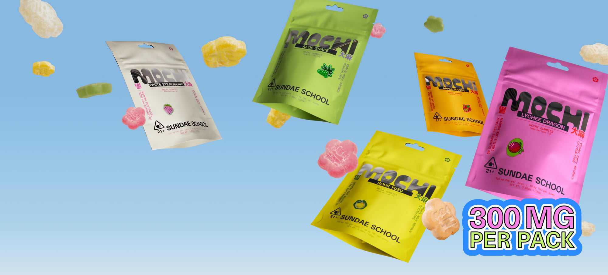 Colorful packages of 'Sundae School' 10mg Value Packs floating in the sky along with the colorful mochi gummies, and in the right bottom corner of the banner has a sticker that says "300 MG PER PACK."
