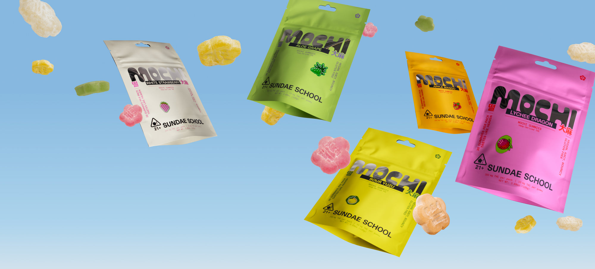 Horizontal promotional banner displaying five colorful pouches of Sundae School Mochi Gummies arranged across a sky-blue background alongside floating flower-shaped gummies. Flavors shown include White Strawberry, Aloe Grape, Apple Mango, Sour Yuzu, and Lychee Dragon.