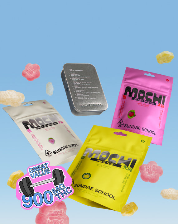 Sundae School 10mg Lychee Dragon value pack, 10mg White Strawberry value pack, 10mg Sour Yuzu value pack packagings against a blue background along with mochi gummie, mochi tin, and a sticker highlighting "Great Value 900 MG THC".