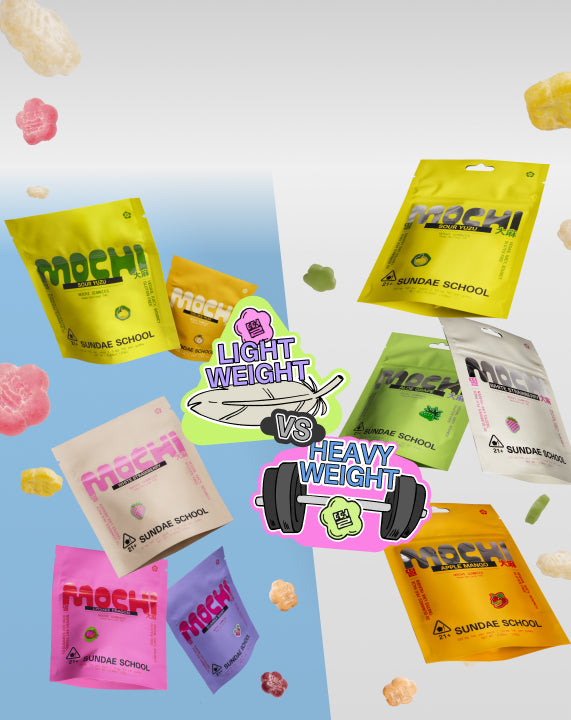 Product display of Sundae School’s Mochi gummies divided into two sides — 'Lightweight' featuring 5mg 10ct Sour yuzu, Golden Pear, Slumber Berry, Lychee Dragon, White Strawberry on the left with pastel blue background and  'Heavyweight' featuring 10mg 30ct Aloe grape, Apple Mango, Sour Yuzu, White Strawberry on the right with white background along with floating gummies and illustrated icons of a feather and dumbbell highlight the contrast between the two product strengths.
