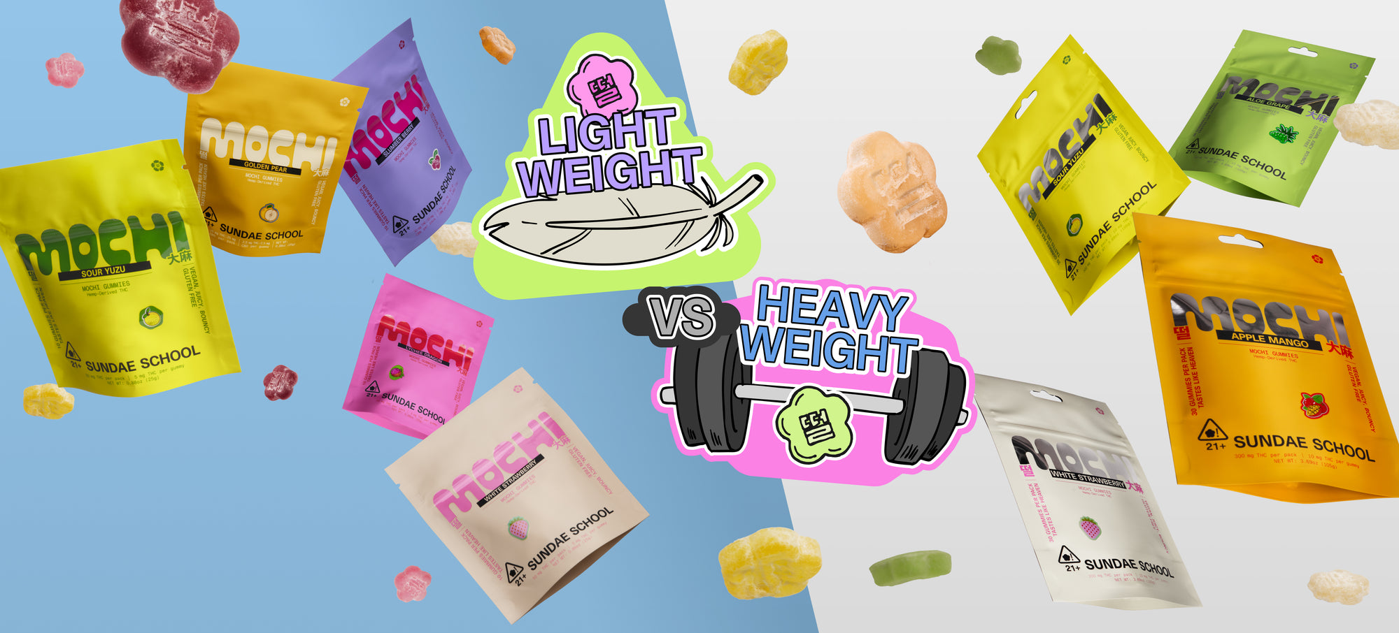 Product display of Sundae School’s Mochi gummies divided into two sides — 'Lightweight' featuring 5mg 10ct Sour yuzu, Golden Pear, Slumber Berry, Lychee Dragon, White Strawberry on the left with pastel blue background and  'Heavyweight' featuring 10mg 30ct Aloe grape, Apple Mango, Sour Yuzu, White Strawberry on the right with white background along with floating gummies and illustrated icons of a feather and dumbbell highlight the contrast between the two product strengths.