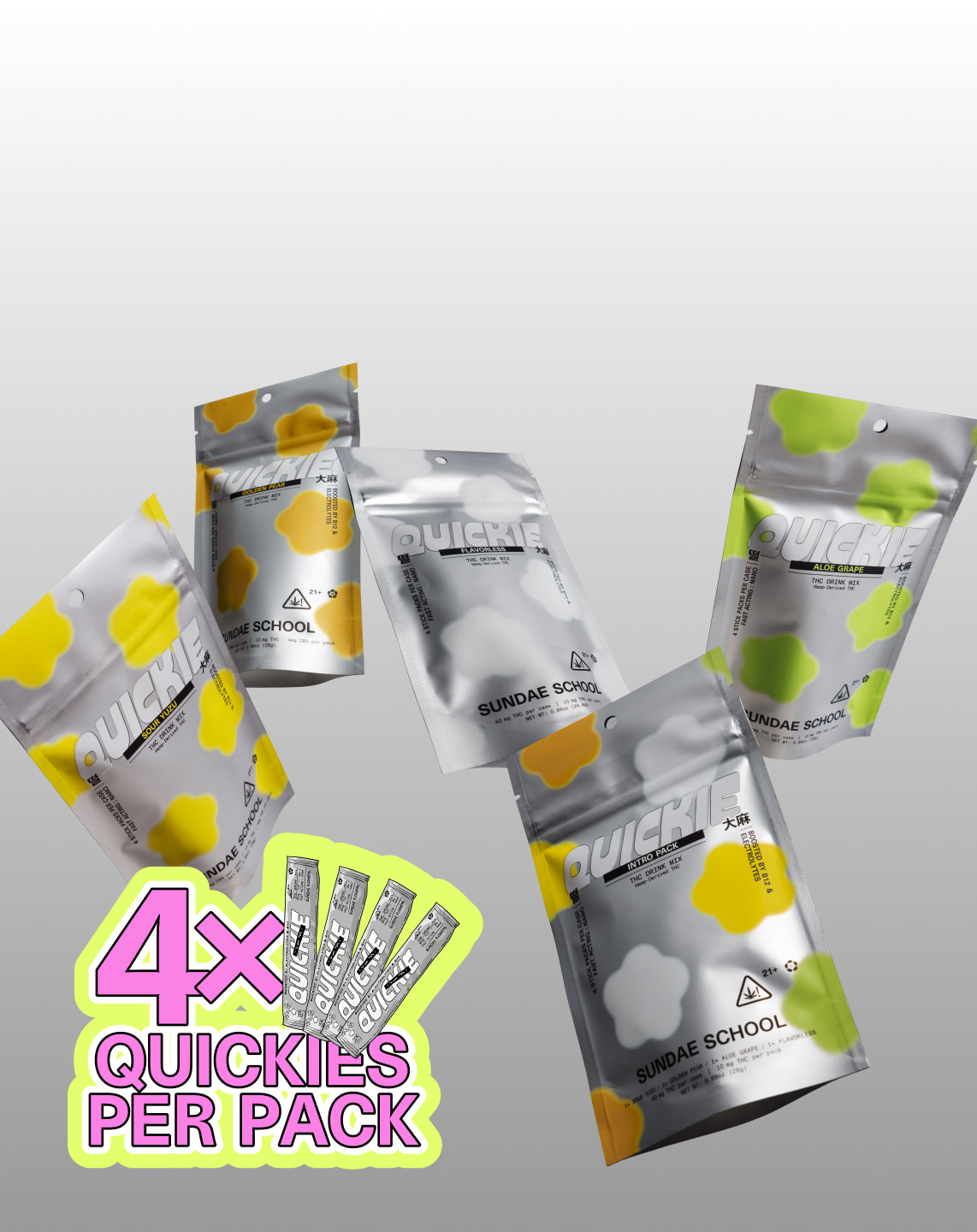 Packagings of Sundae School Sour Yuzu Quickies 4-pack, Golden Pear Quickies 4-pack, Flavorless Quickies 4-pack, Aloe Grape Quickies 4-Pack, Variety Quickies 4-pack against a grey gradient background with a "4x Quickies Per Pack" label in the right bottom corner.