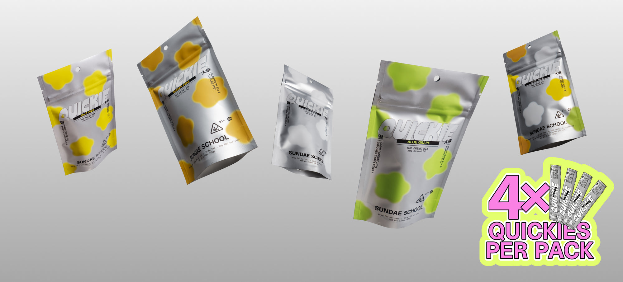 Packagings of Sundae School Sour Yuzu Quickies 4-pack, Golden Pear Quickies 4-pack, Flavorless Quickies 4-pack, Aloe Grape Quickies 4-Pack, Variety Quickies 4-pack against a grey gradient background with a "4x Quickies Per Pack" label in the right bottom corner.