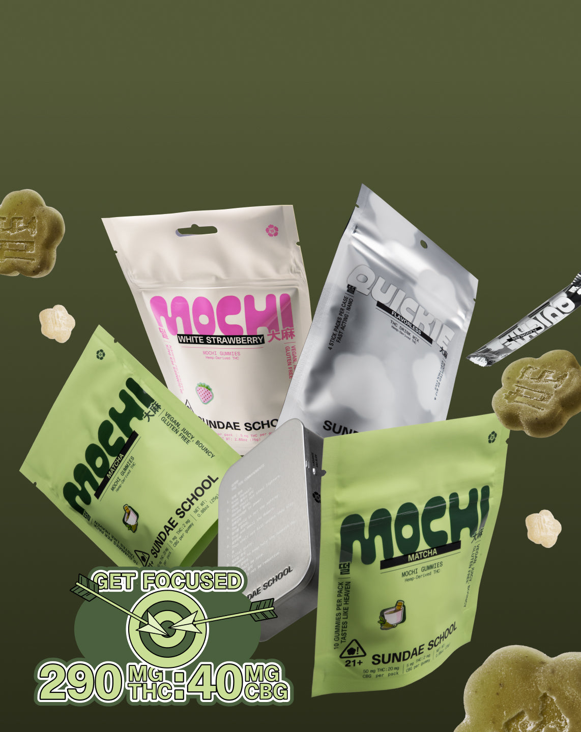 Matcha Madness limited-edition bundle featuring Matcha minis, White Strawberry value pack, Flavorless Quickie 4-pack, and a branded tin, styled in green tones on a clean background.