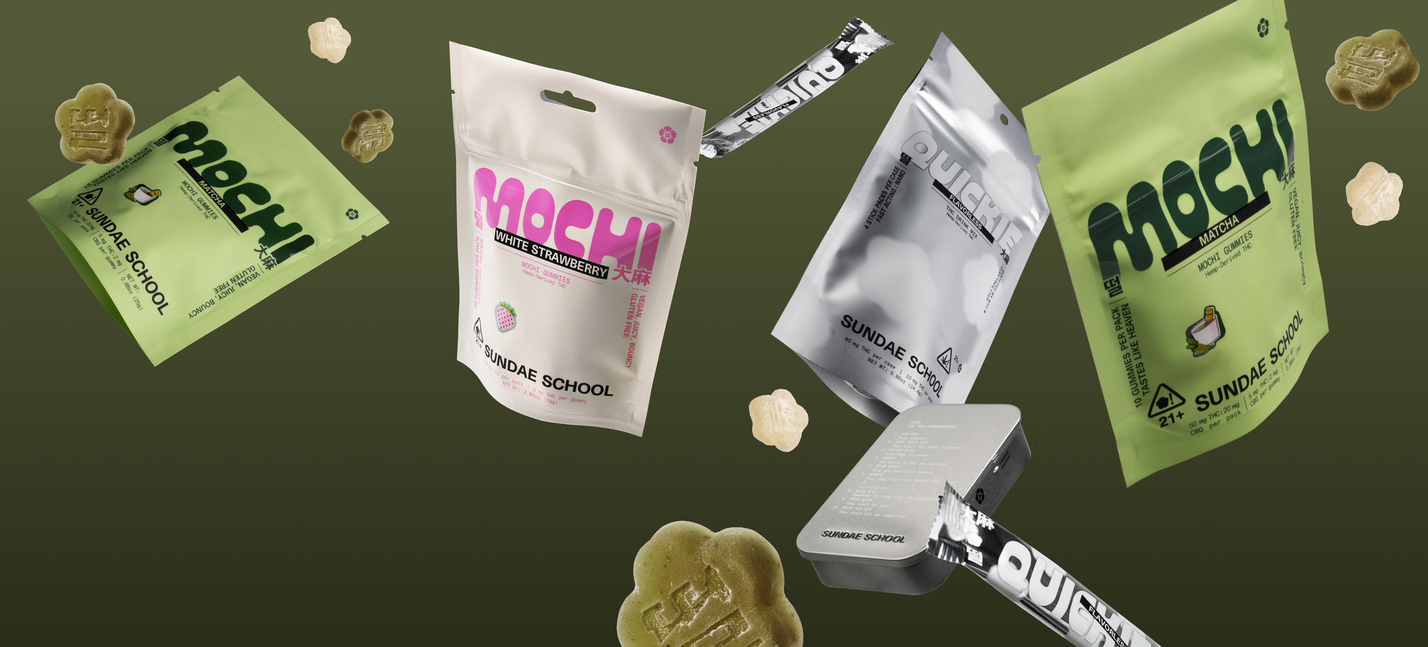 Matcha Madness limited-edition bundle featuring Matcha minis, White Strawberry value pack, Flavorless Quickie 4-pack, and a branded tin, styled in green tones on a clean background.