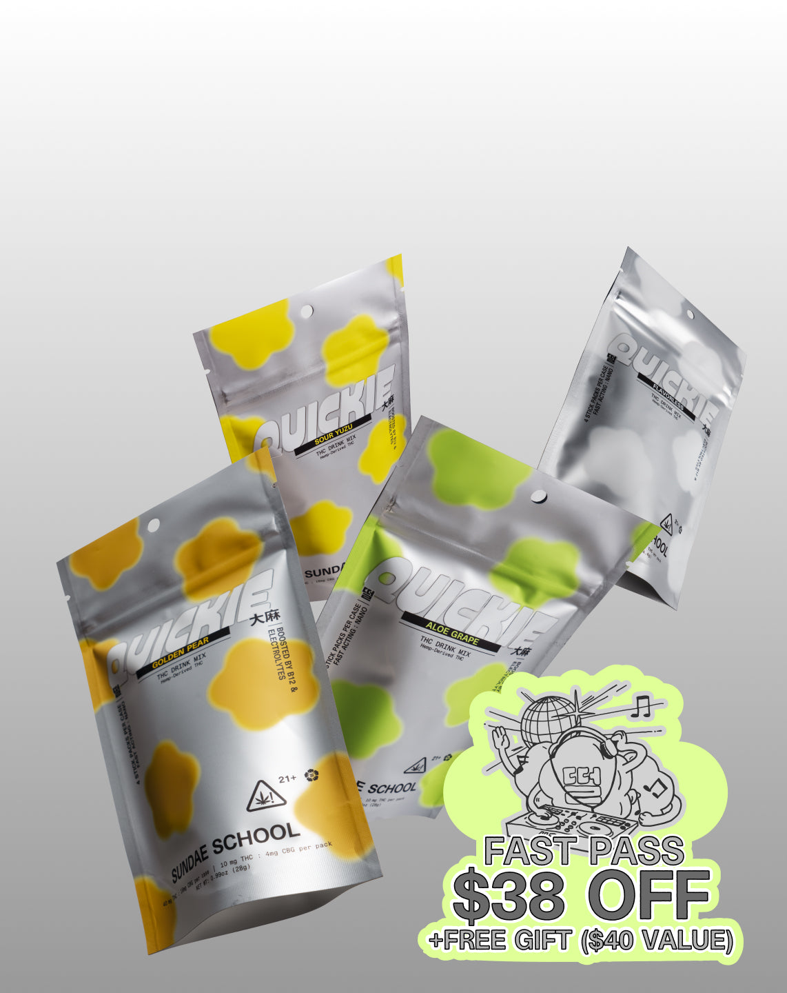 Sundae School Fast Pass bundle with multiple Quickies flavors displayed, highlighting $38 off and a free gift for 420 with fast-acting effects.