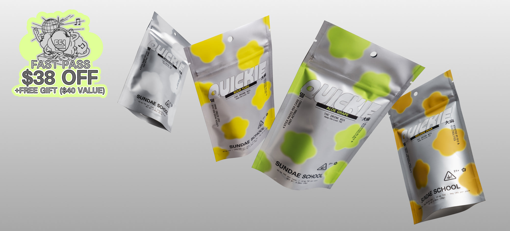 Sundae School Fast Pass bundle with multiple Quickies flavors displayed, highlighting $38 off and a free gift for 420 with fast-acting effects.