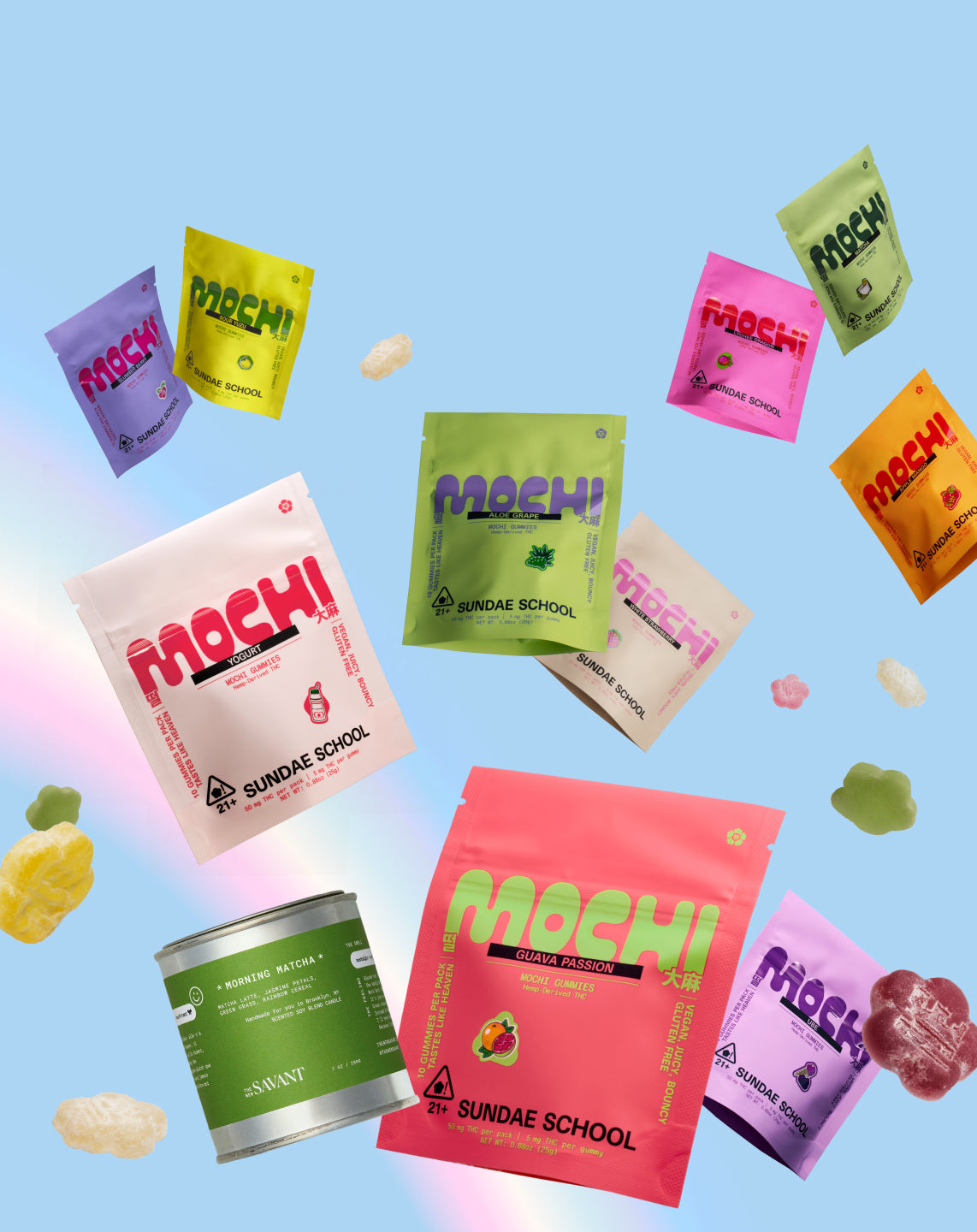 Colorful Sundae School "Mochi Gummies" pouches float against a light blue background with a soft rainbow. A pink "Yogurt" pack, coral "Guava Passion" pack, and a green "Morning Matcha" candle tin sit in the foreground, surrounded by loose gummy candies and other vibrant flavor pouches.