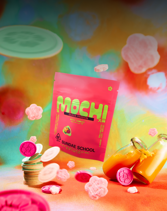 A wide horizontal web banner featuring a macro, close-up shot of fresh tropical fruits, including juicy halved passion fruits with golden pulp and a slice of bright pink guava. A single pink, flower-shaped mochi gummy with a traditional embossed stamp is nestled among the fruit on the left.