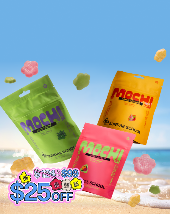 A wide horizontal web banner showing three Sundae School Mochi gummy pouches floating across a sunny beach landscape with bright sunlight glinting off ocean waves. Loose, flower-shaped gummies scatter through the air around the pink, green, and yellow pouches, and a sticker graphic in the bottom right corner displays a $25 discount reducing the price from $124 to $99.