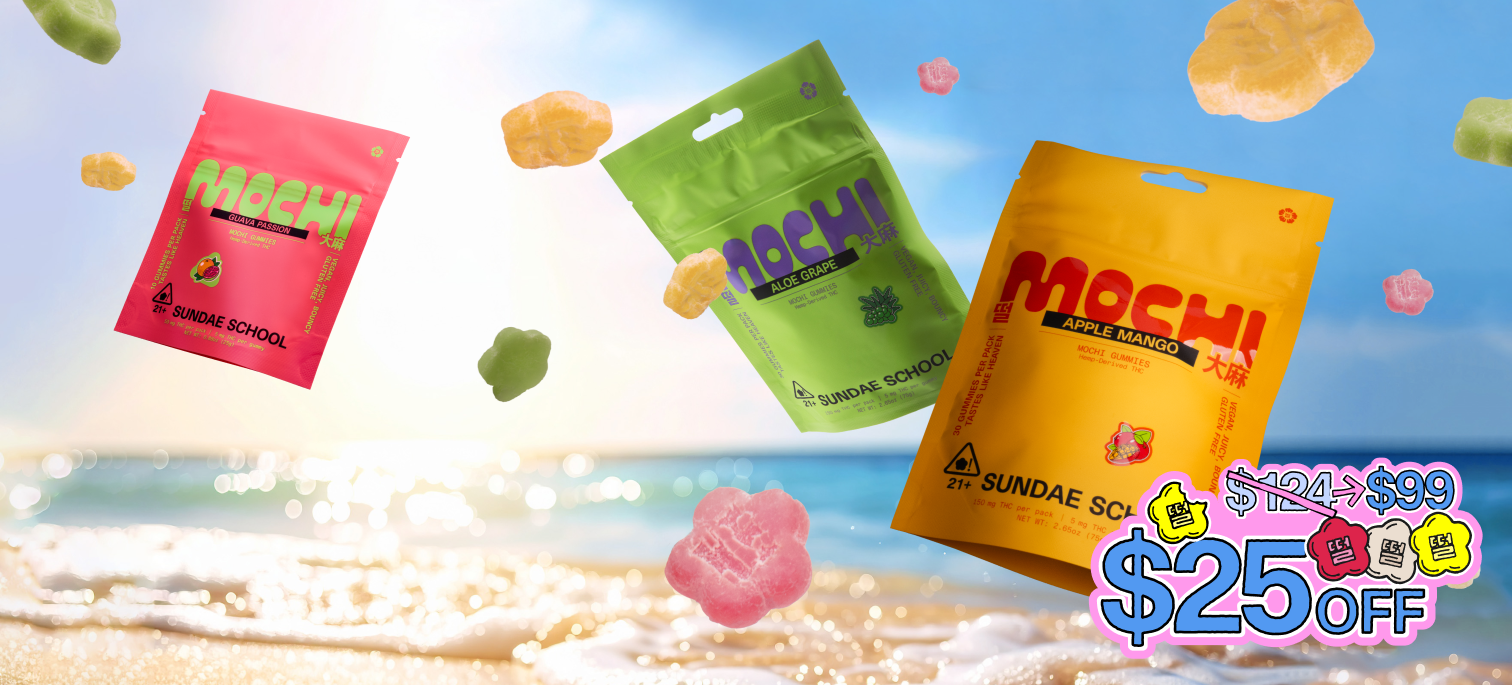 A wide horizontal web banner showing three Sundae School Mochi gummy pouches floating across a sunny beach landscape with bright sunlight glinting off ocean waves. Loose, flower-shaped gummies scatter through the air around the pink, green, and yellow pouches, and a sticker graphic in the bottom right corner displays a $25 discount reducing the price from $124 to $99.
