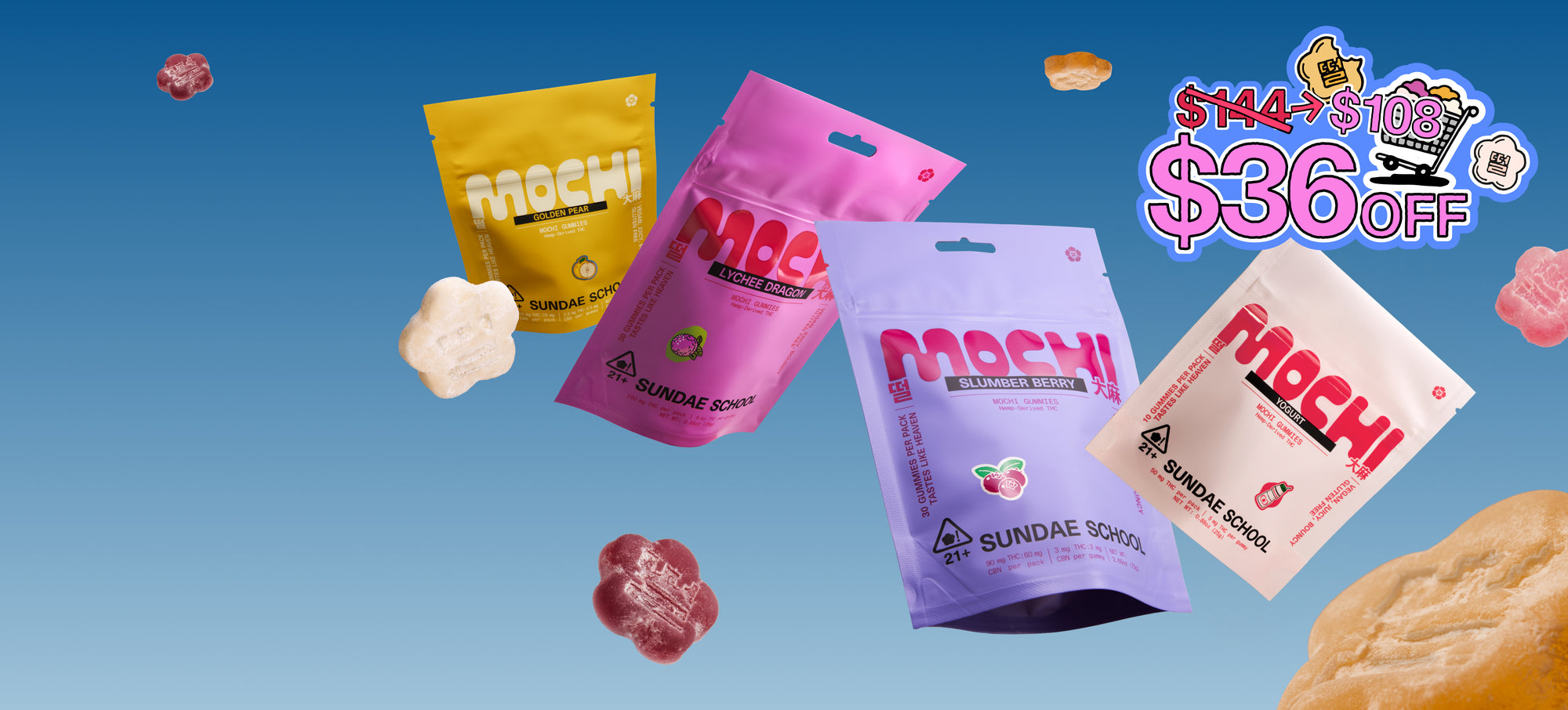 A vertical mobile banner featuring four Sundae School Mochi gummy pouches—Golden Pear, Lychee Dragon, Slumber Berry, and Yogurt—floating against a vibrant blue gradient background. Small flower-shaped gummies in various pastel colors drift through the air around the packaging.
