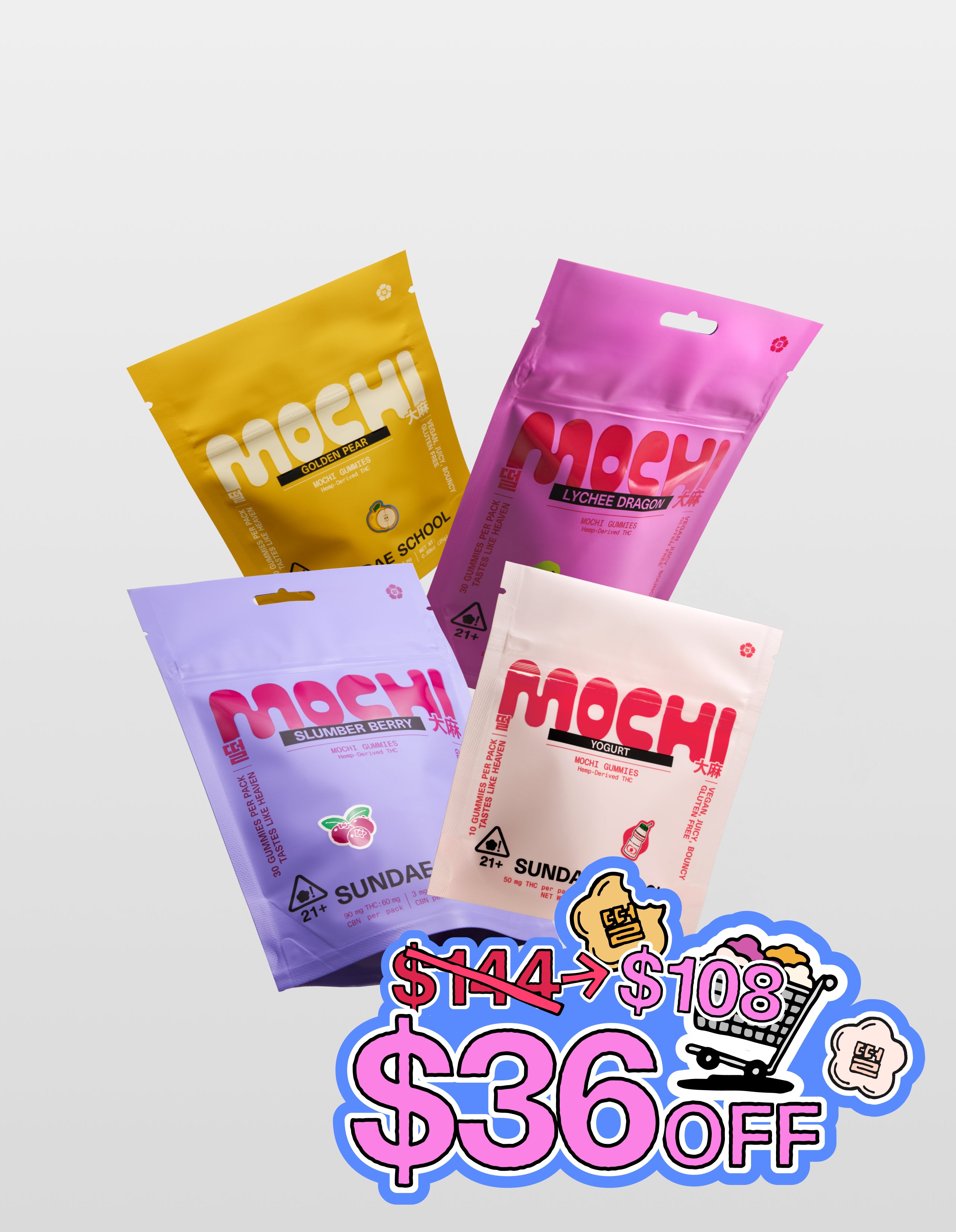 A product shot of the Routine Bundle featuring four Sundae School Mochi gummy pouches—Golden Pear, Lychee Dragon, Slumber Berry, and Yogurt—arranged against a light gray background. A graphic in the bottom right corner shows a price reduction from $144 to $108, highlighting a $36 discount.