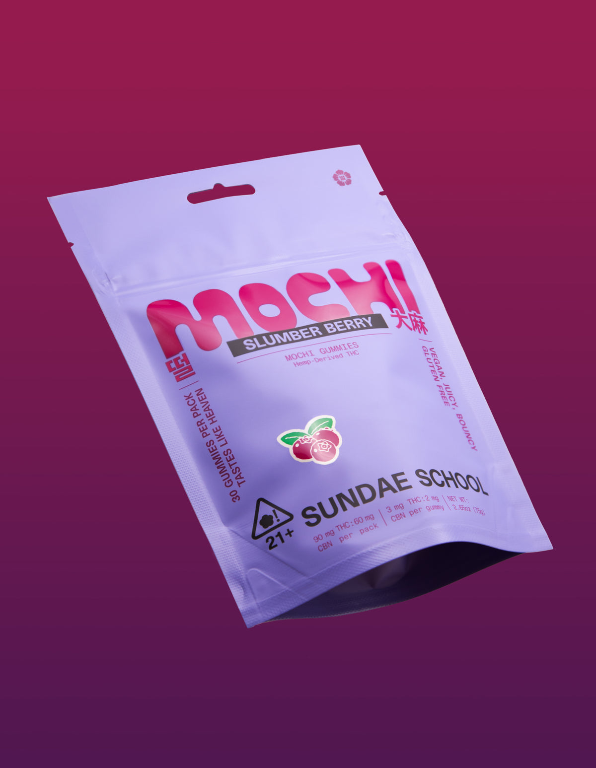 An image of the Slumber Berry Mochi gummy packaging in a resealable bag form. 