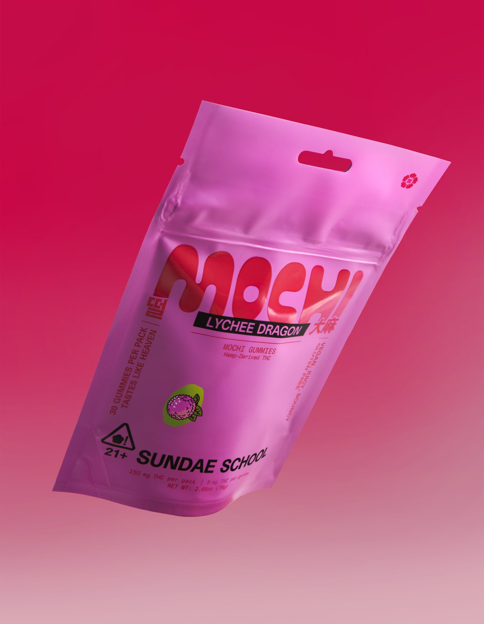An image of the Lychee Dragon Mochi gummy packaging in a resealable bag form. 