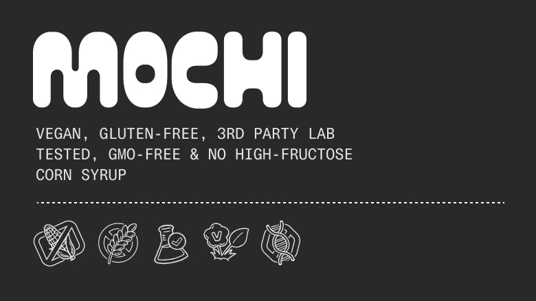 Mochi banner that says: "vegan, gluten-free, 3rd party lab tested, gmo-free & no high-fructose corn syrup" with hand drawn icons of each statement on a black background