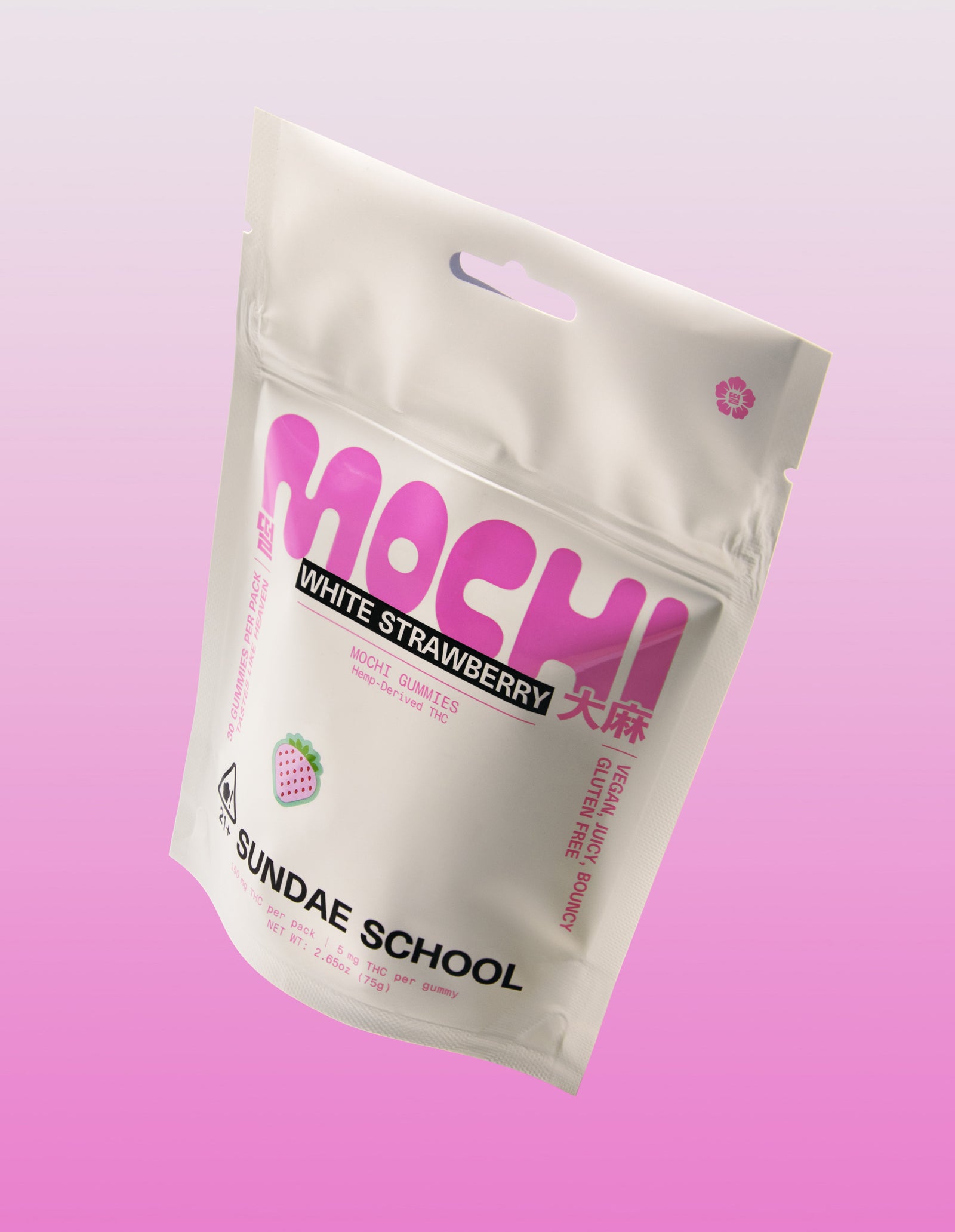 An image of the White Strawberry Mochi gummy packaging in a resealable bag form. 