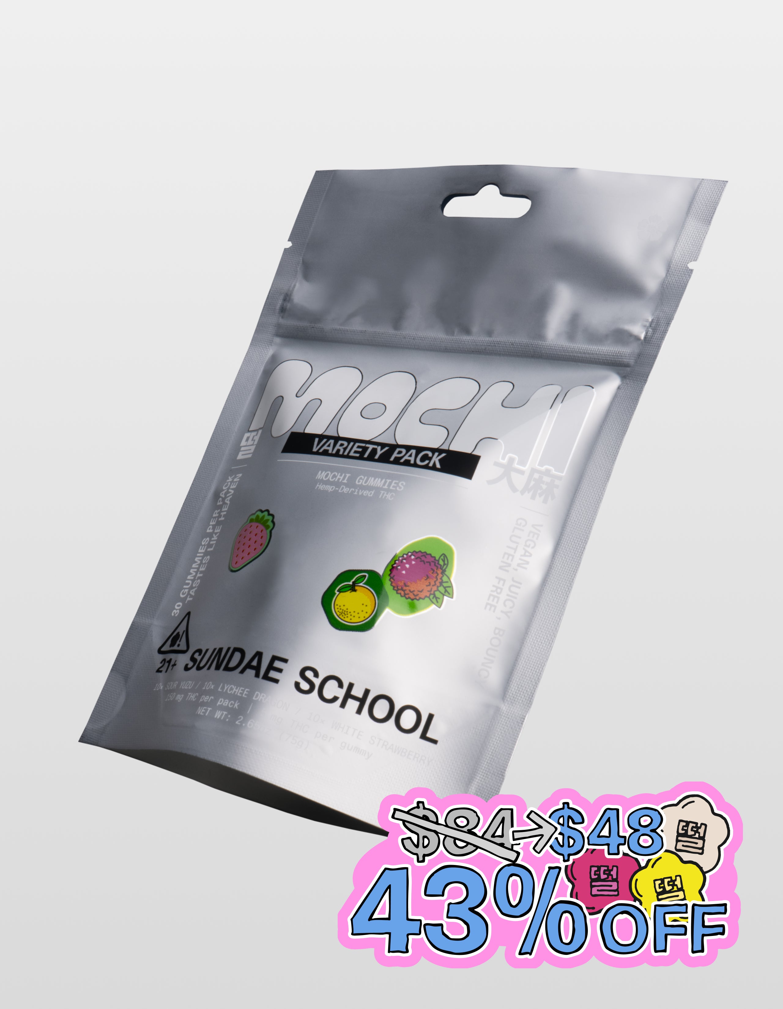 An image of Sundae School 30ct variety pack packaging in a resealable bag form against a grey background. Discount call outs in sticker form 43% off.