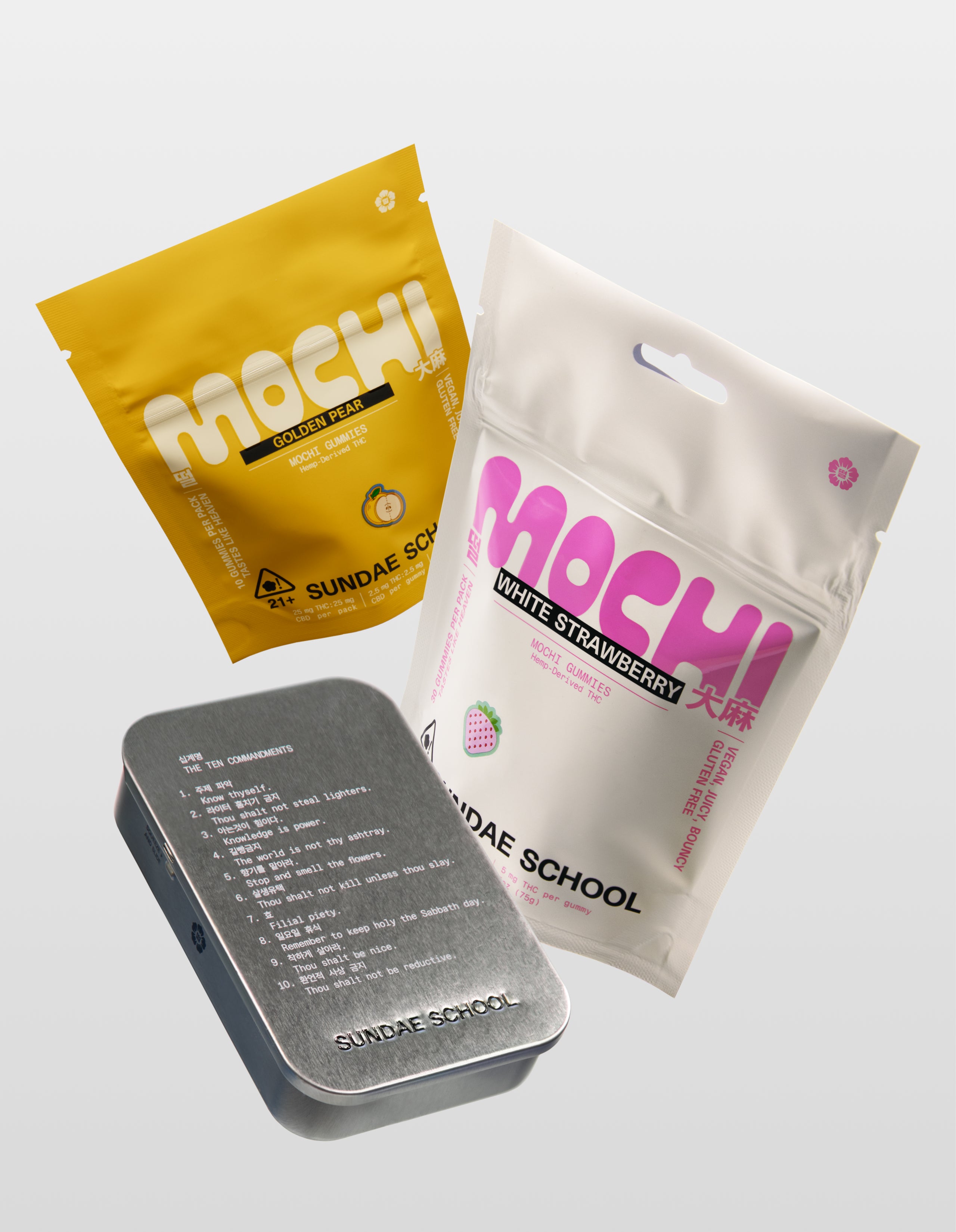 Sundae School mochi gummies Body Relief product bundle featuring White Strawberry 30-Pack, Golden Pear 10-pack, and silver metal tin container on white background