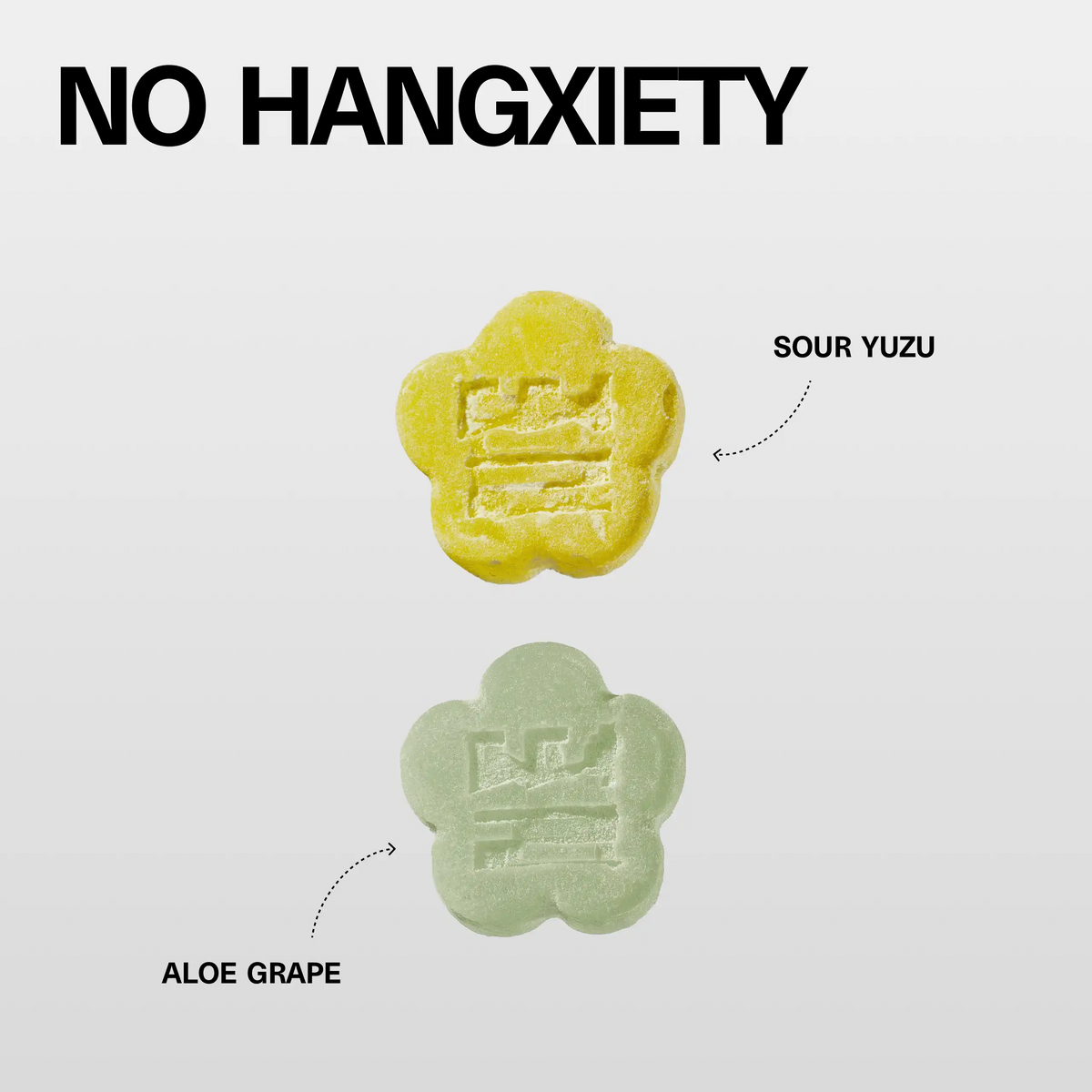 Close-up macro shots of Aloe Grape and Sour Yuzu mochi gummies with text "No Hangxiety"