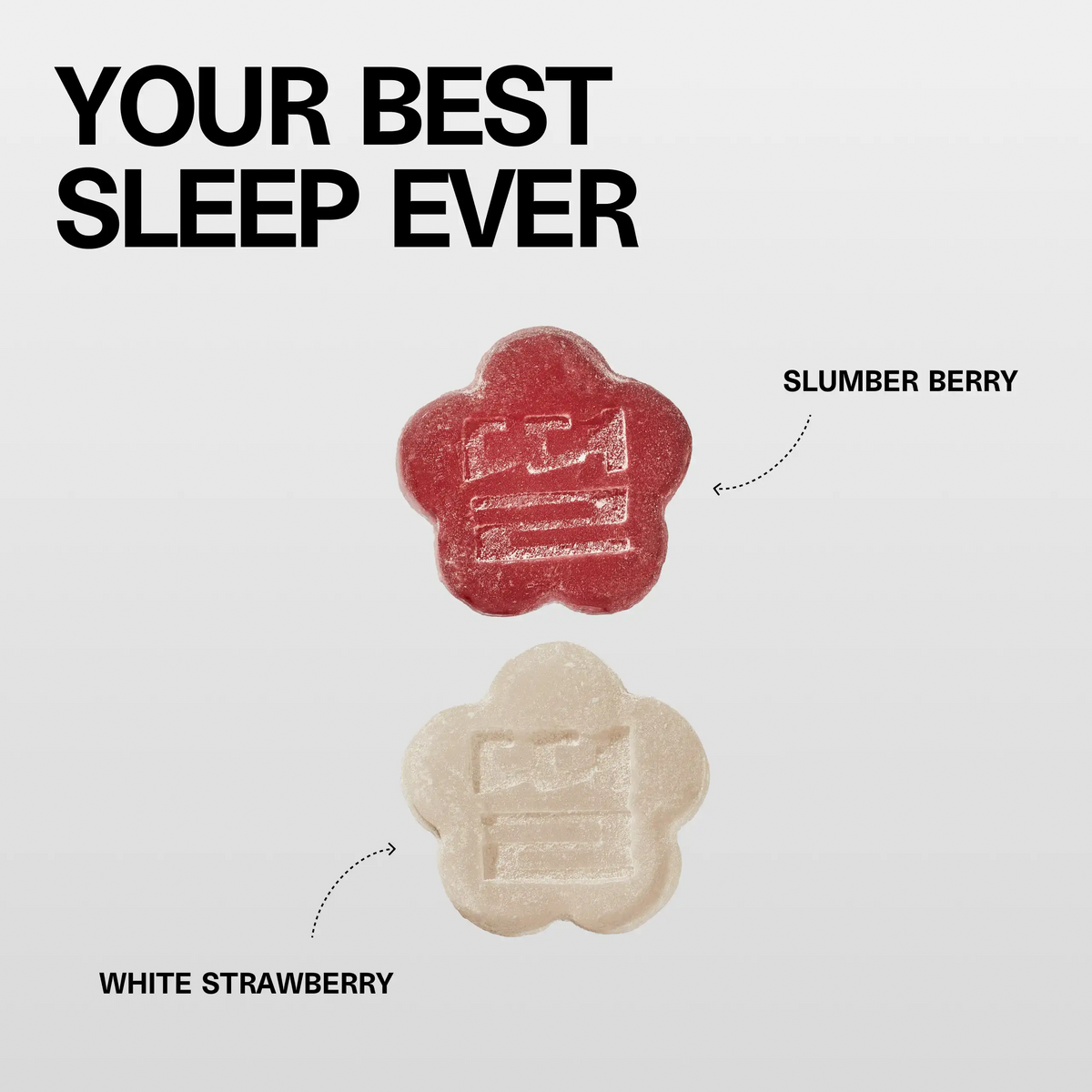 Close-up macro shots of Slumber Berry and White Strawberry mochi gummies with text "Your Best Sleep Ever"