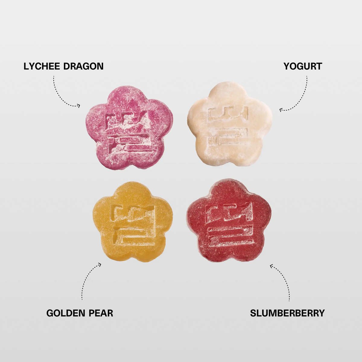Close-up macro shots of Slumber Berry, Lychee Dragon, Yogurt, and Golden Pear mochi gummies 
