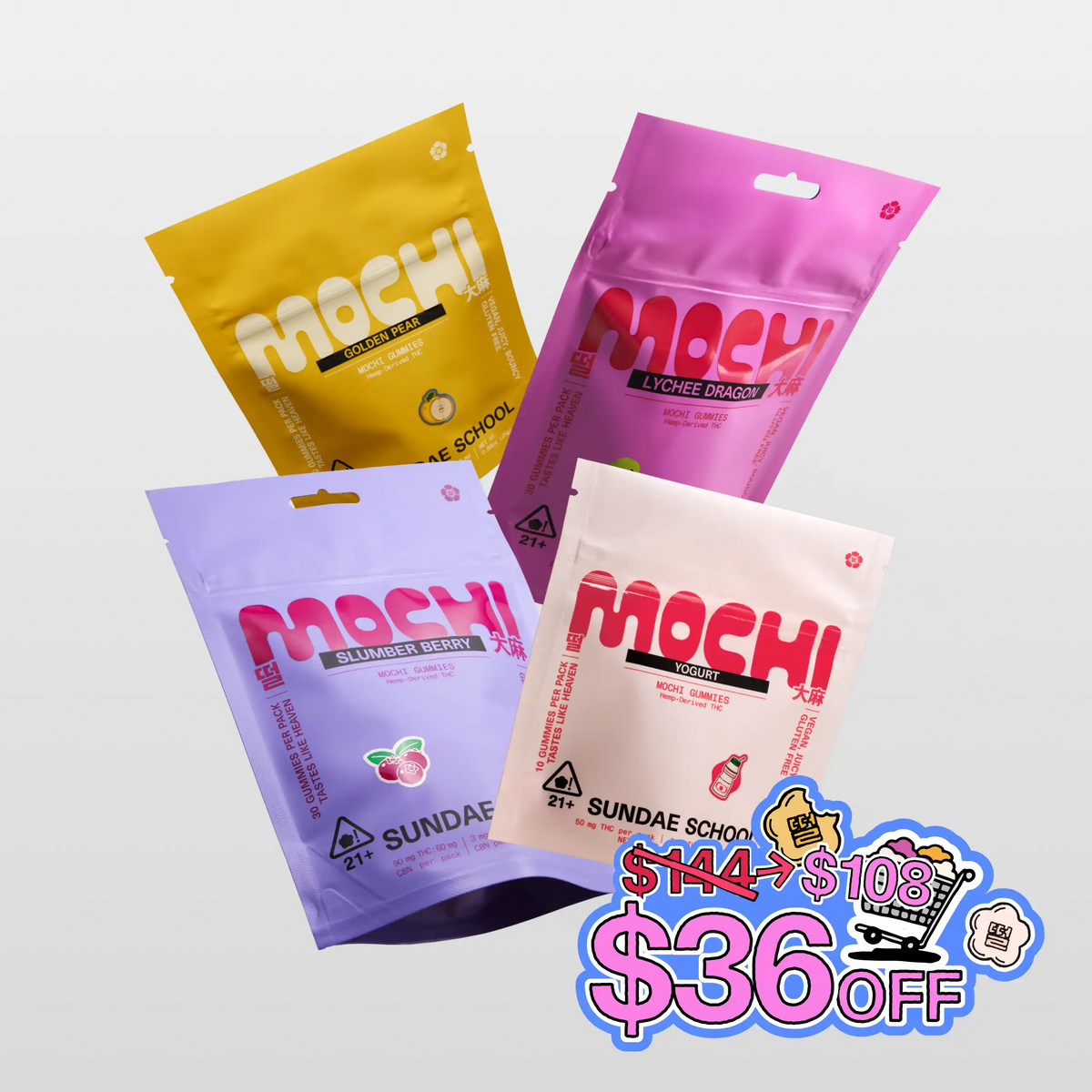 Sundae School mochi gummies Routine Bundle featuring Golden Pear 10-Pack, Lychee Dragon 30-Pack, Slumber Berry 30-Pack, and Yogurt 10-pack, with a colorful badge that highlights a savings of $36 off of $114, for a price of $108