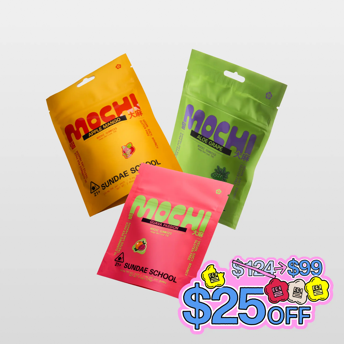 A flat-lay arrangement of the Summer Fling Bundle featuring three colorful Sundae School Mochi gummy pouches fanned out against a light gray background. A bright sticker graphic in the bottom right corner features mochi gummies, showing a price drop from $124 to $99, highlighting a $25 discount.