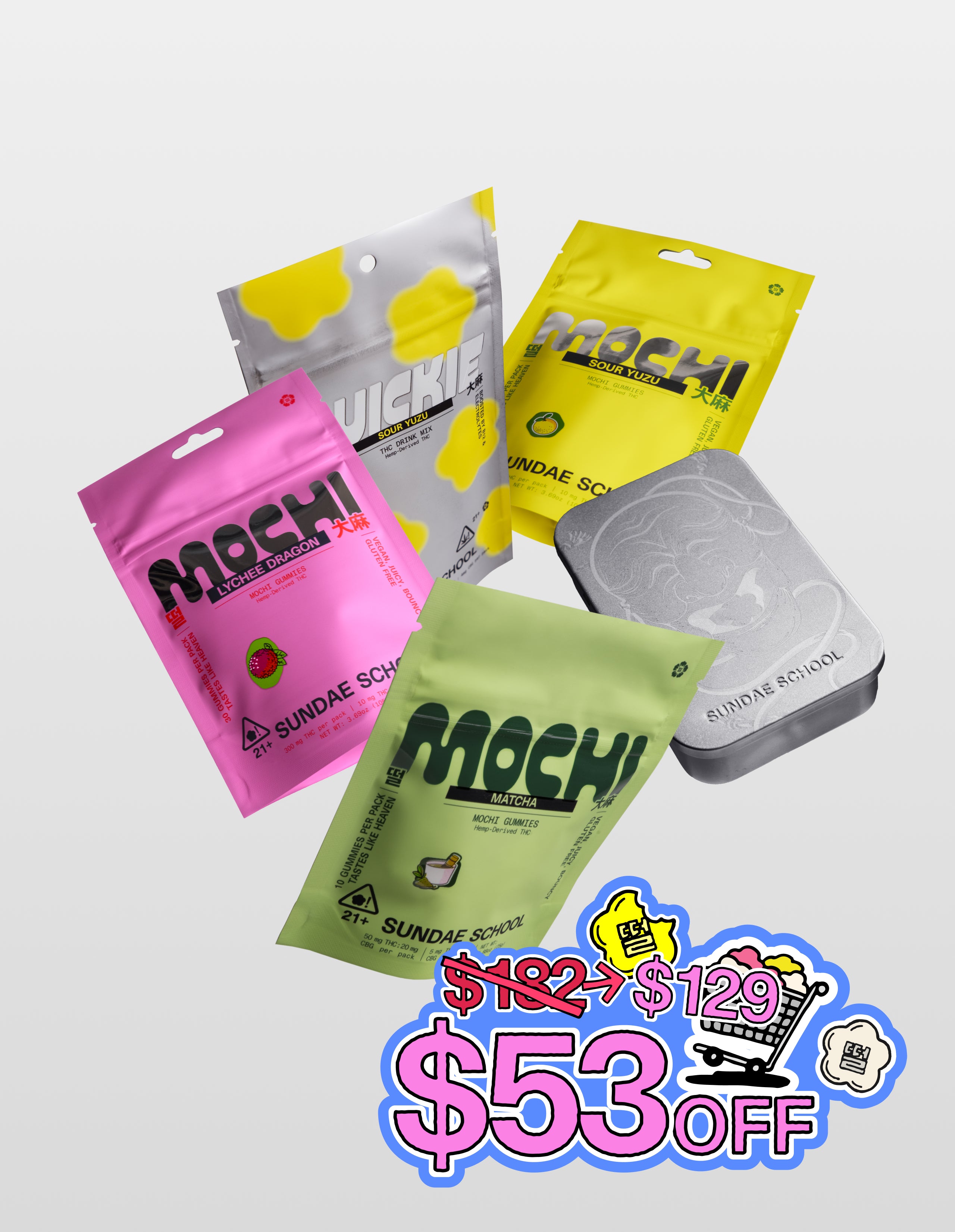 A product flat-lay featuring three pouches of Sundae School Mochi gummies (Lychee Dragon, Sour Yuzu, and Matcha), a Sour Yuzu Quickie drink mix, and an etched silver tin. A bright graphic in the corner displays a price drop from $182 to $129, highlighting a $53 discount.