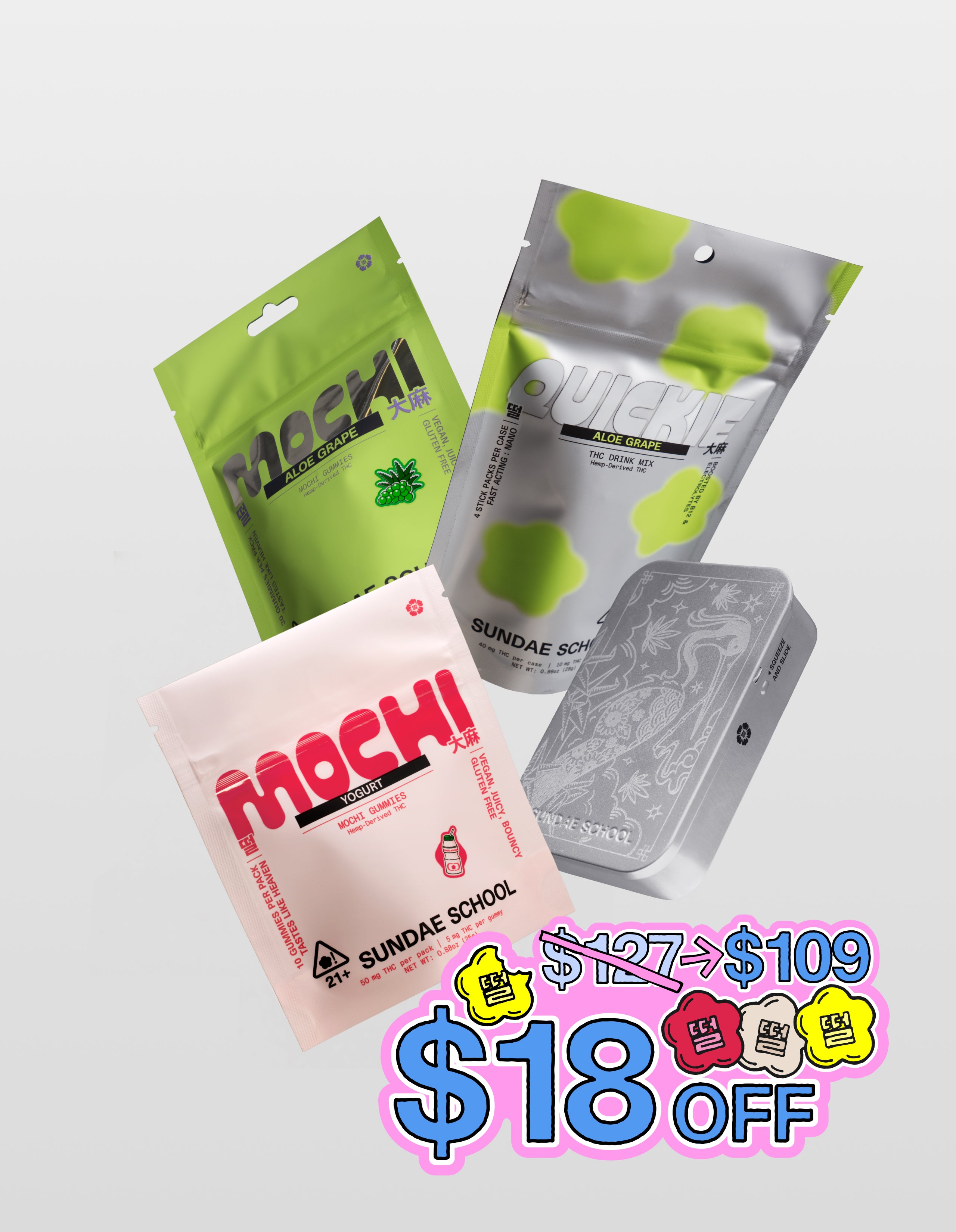 A flat-lay arrangement of the Feral Summer bundle featuring Sundae School Aloe Grape and Yogurt Mochi gummy pouches, an Aloe Grape Quickie drink mix, and a silver etched tin. A graphic in the bottom corner shows a price reduction from $127 to $109, highlighting $18 off.