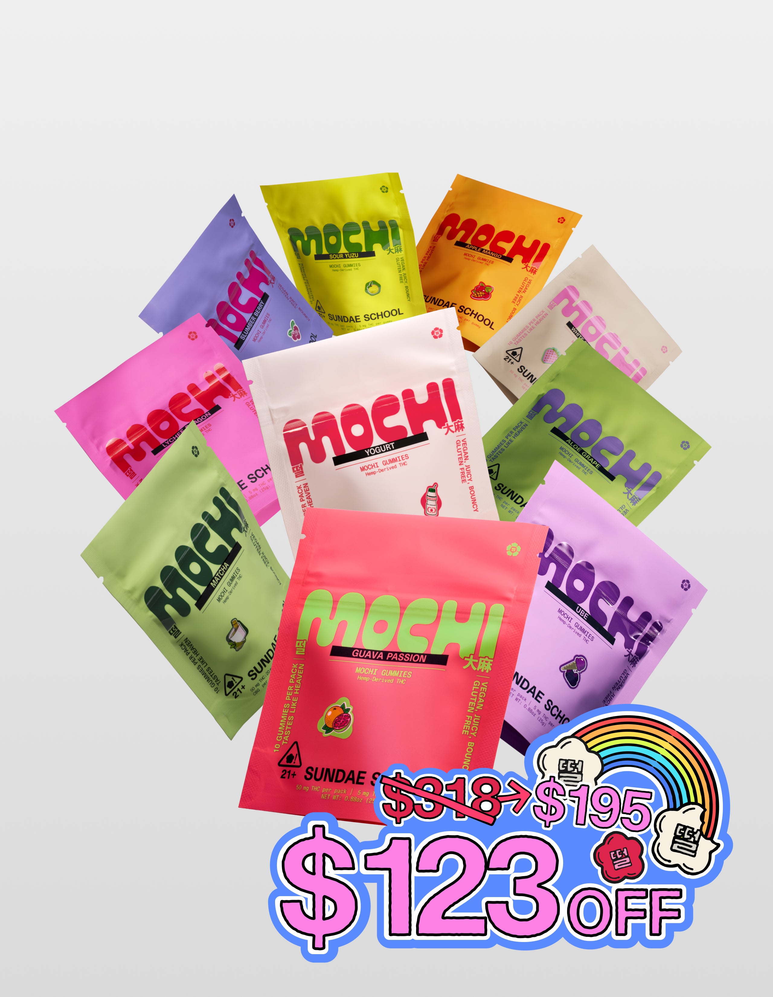 A flat-lay arrangement of the Full Spectrum Bundle featuring ten colorful Sundae School Mochi gummy pouches fanned out against a light gray background. A bright sticker graphic in the bottom right corner features a rainbow and a shopping cart, showing a price drop from $308 to $195, highlighting a $123 discount.