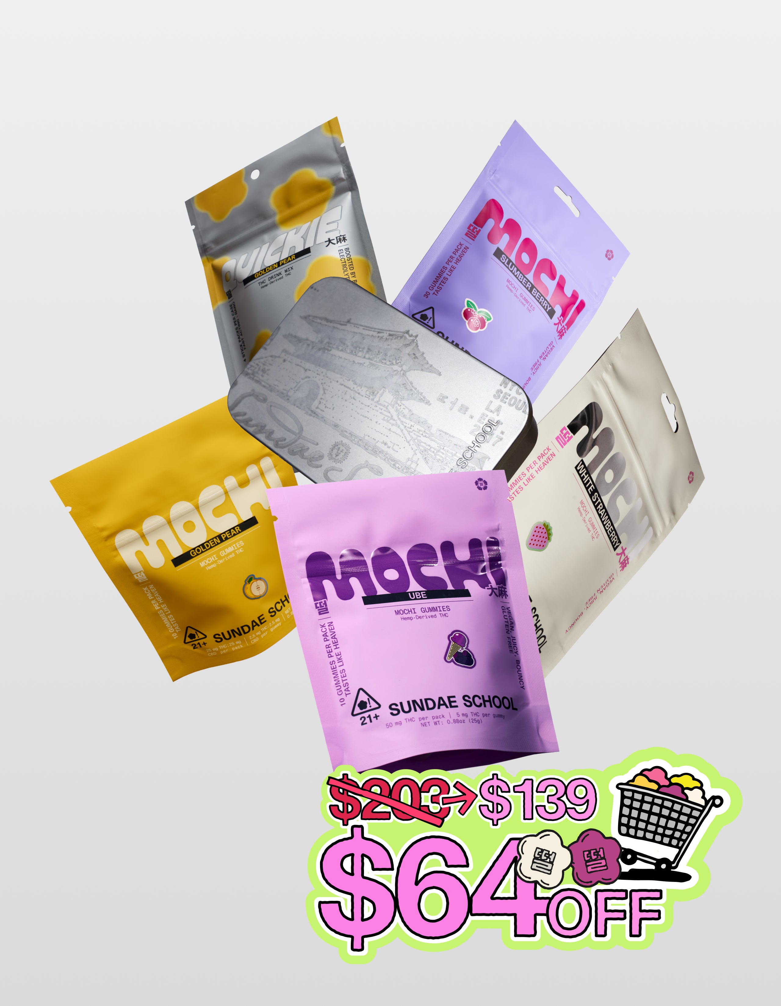 A product flat-lay of the Sacred Routine bundle featuring five Sundae School items: Golden Pear, Slumber Berry, Ube, and White Strawberry mochi gummy pouches, a Golden Pear Quickie drink mix, and an etched silver tin. A bright graphic in the corner shows a price drop from $203 to $139, highlighting a $64 discount.