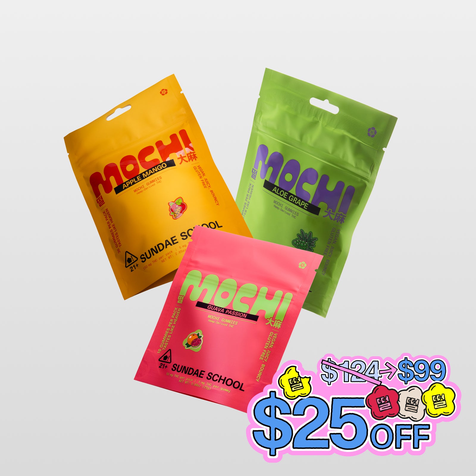 A flat-lay arrangement of the Summer Fling Bundle featuring three colorful Sundae School Mochi gummy pouches fanned out against a light gray background. A bright sticker graphic in the bottom right corner features mochi gummies, showing a price drop from $124 to $99, highlighting a $25 discount.