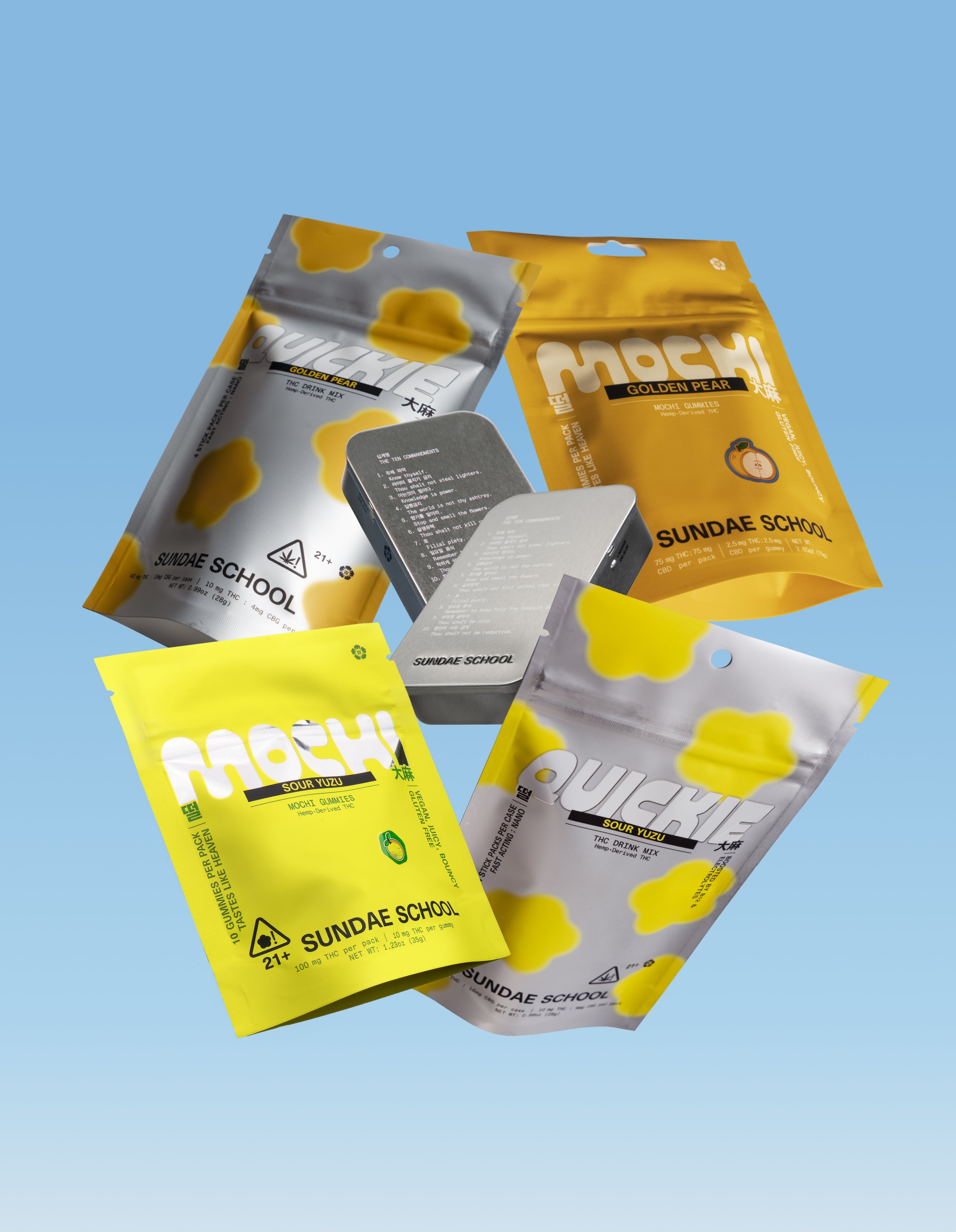 Sundae School packagings of 10mg Sour Yuzu mochi gummies, 5mg Golden Pear mochi gummies, Sour yuzu Quickies and Golden pear Quickies along with two mochi tins against a blue gradient background.
