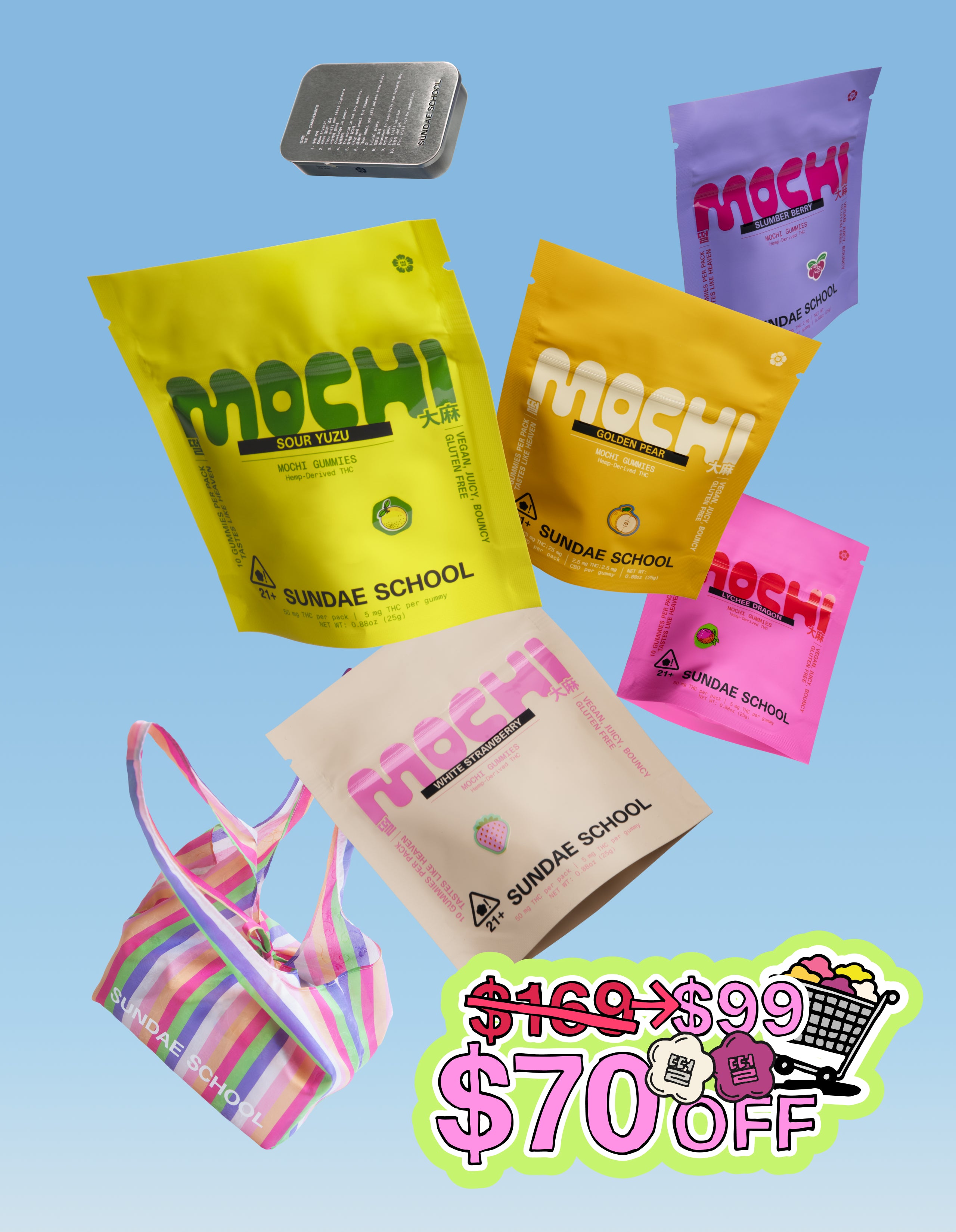 An image of the 10ct Slumber Berry, Sour Yuzu, Golden Pear, Lychee Dragon, White Strawbery packagings in a resealable bag form, Sundae School Mochi Tin, and Sundae School mini Bojagi Bag laid against a light blue background with a sticker showing the price cut from $169 to $99 with $70 savings. 