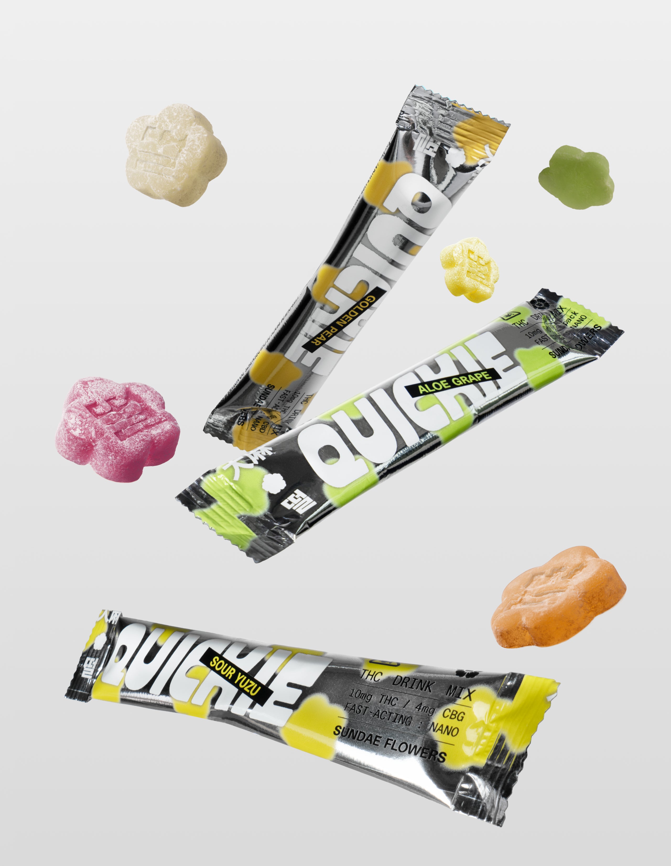 Quickie sticks and Mochi gummies of all flavors included in Honor Roller bundle floating on a white background.