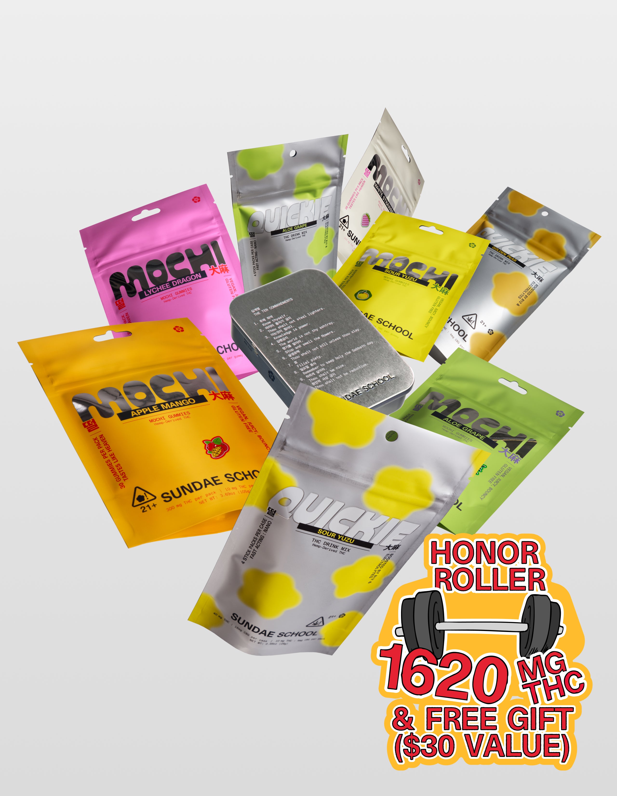 Sundae School Mochi Tin, Packagings of 10mg Mochi Gummies including Apple Mango flavor, Sour Yuzu flavor, Aloe Grape flavor, Lychee Dragon flavor, White Strawberry flavor and a 3 types of 4 Pack  Quickies: Sour Yuzu, Aloe Grape and Golden Pear laid against a white background along with a sticker highlighting 