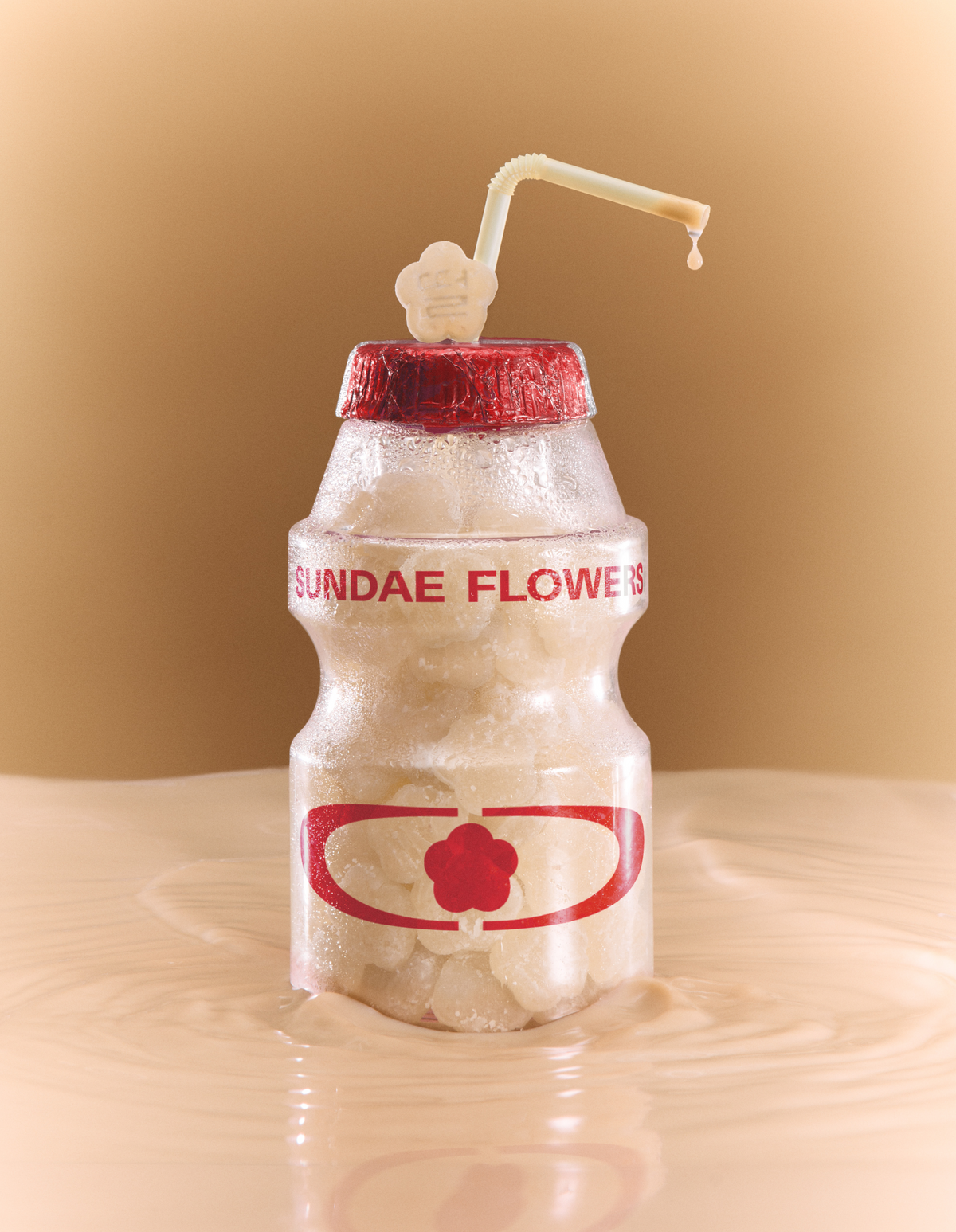 One yogurt drink bottle filled with Sundae Flower mochi gummies.