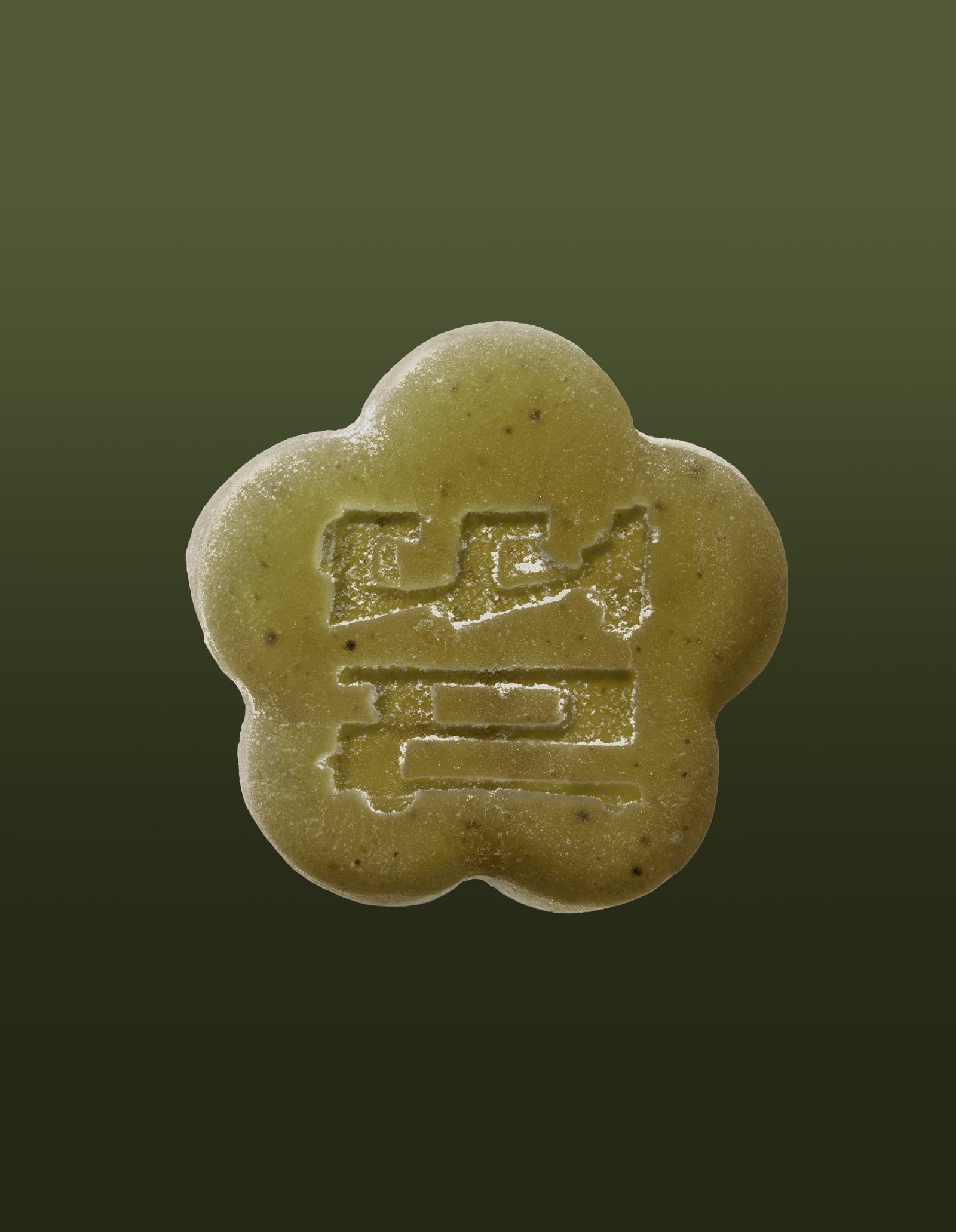 An image of a Matcha gummy on a gradient background going green to dark green. 